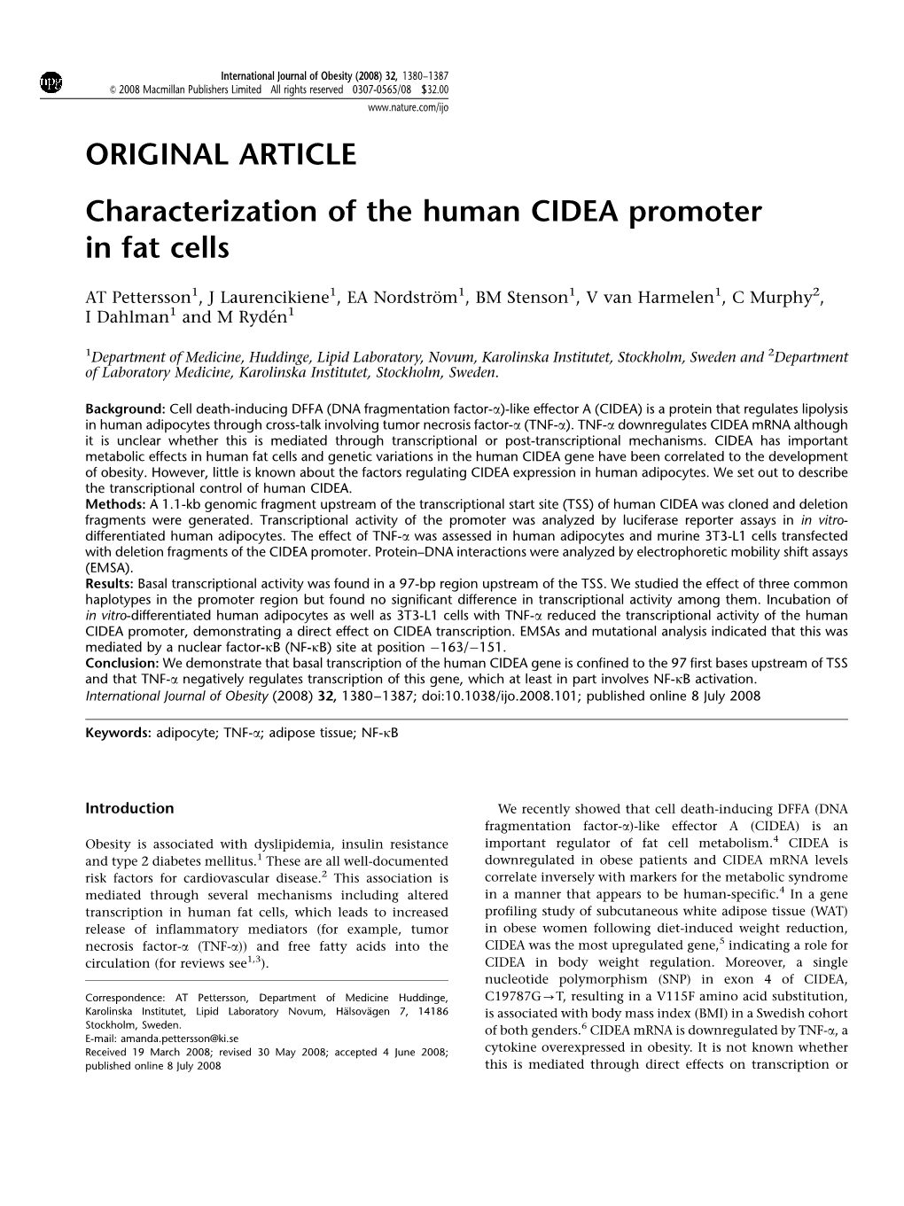 Characterization of the Human CIDEA Promoter in Fat Cells