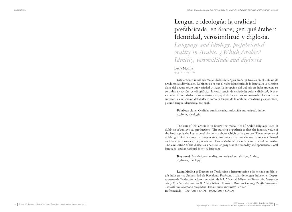 La Oralidad Prefabricada En Árabe, ¿En Qué Árabe?: Identidad, Verosimilitud Y Diglosia