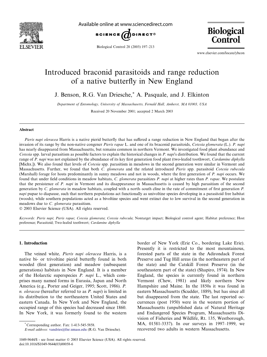 Introduced Braconid Parasitoids and Range Reduction of a Native Butterfly