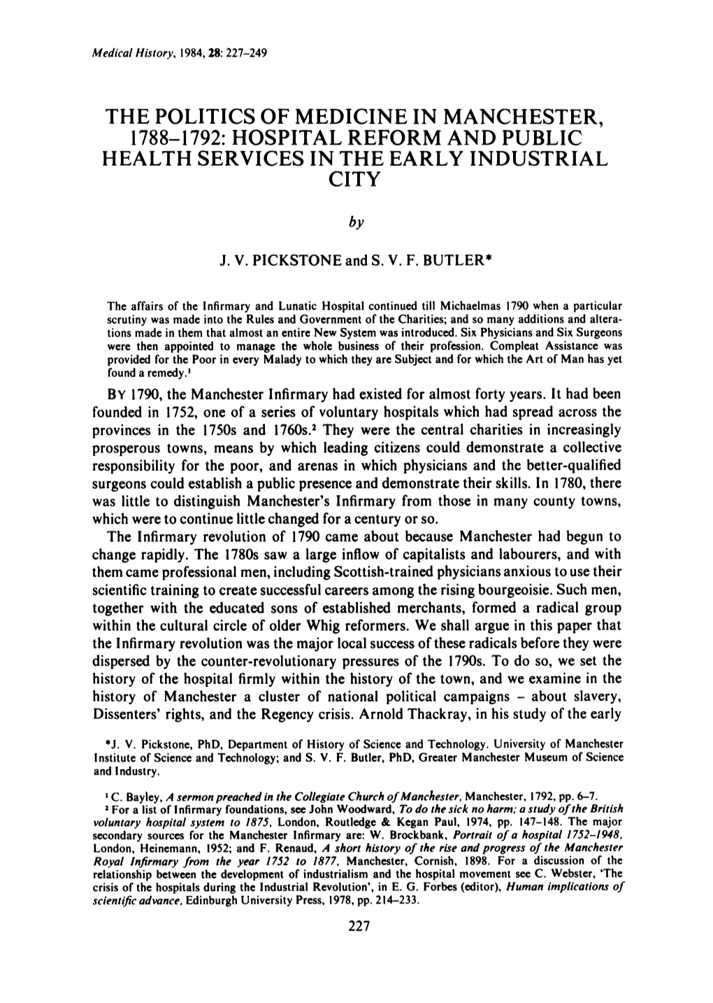 The Politics of Medicine in Manchester, 1788-1792: Hospital Reform and Public Health Services in the Early Industrial City