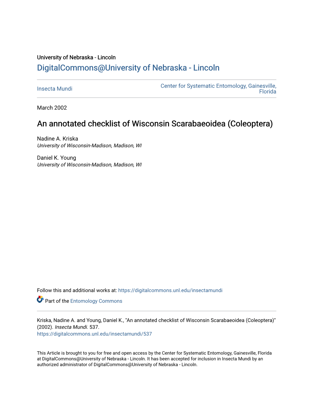 An Annotated Checklist of Wisconsin Scarabaeoidea (Coleoptera)