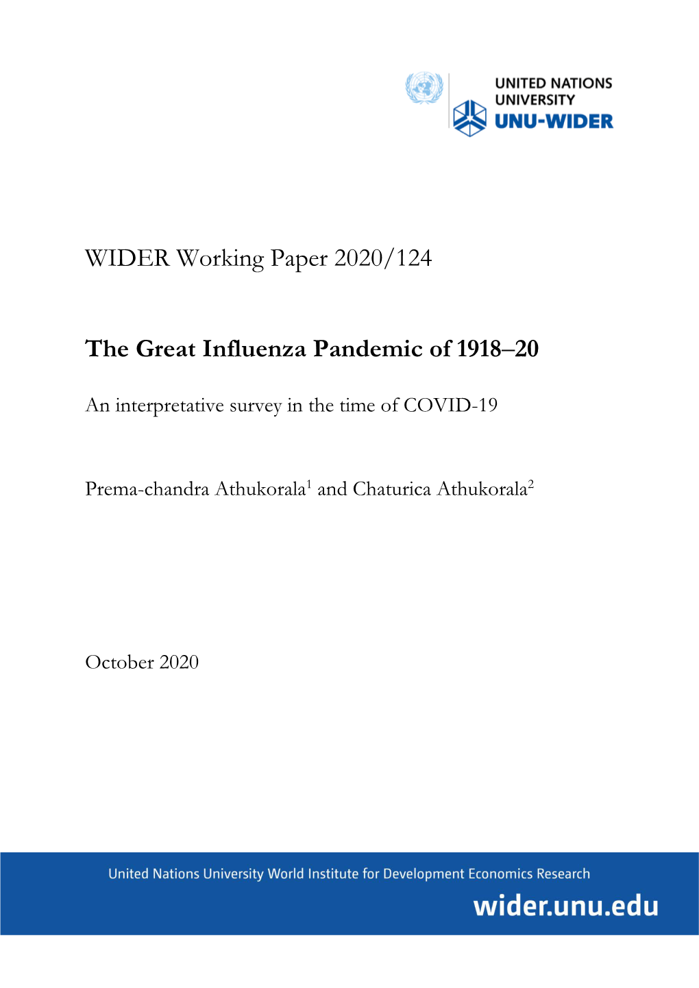 WIDER Working Paper 2020/124-The Great Influenza Pandemic of 1918