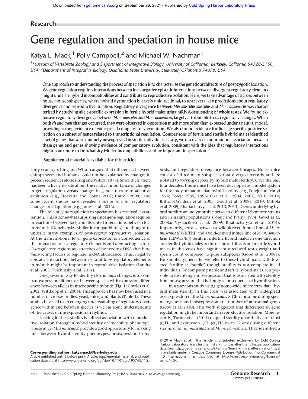 Gene Regulation and Speciation in House Mice