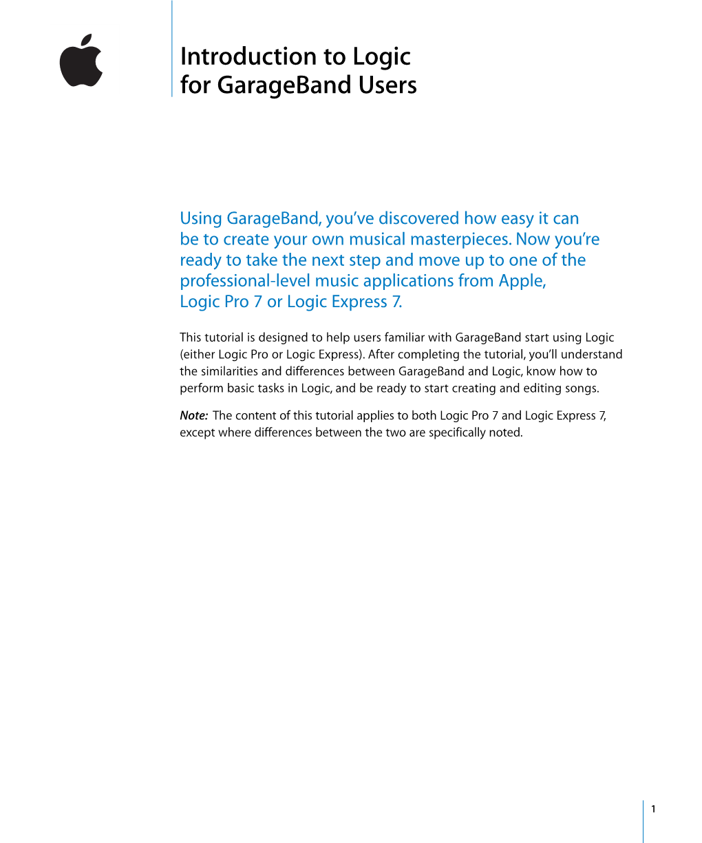 Logic (1.0): Introduction for Garageband Users (Manual)