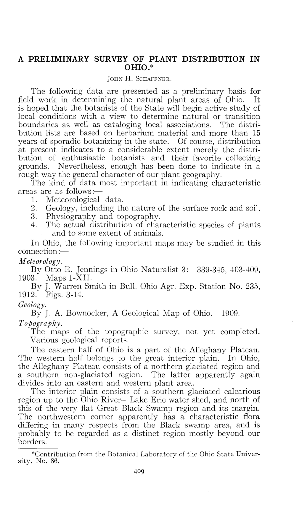 A Preliminary Survey of Plant Distribution in Ohio.* John H