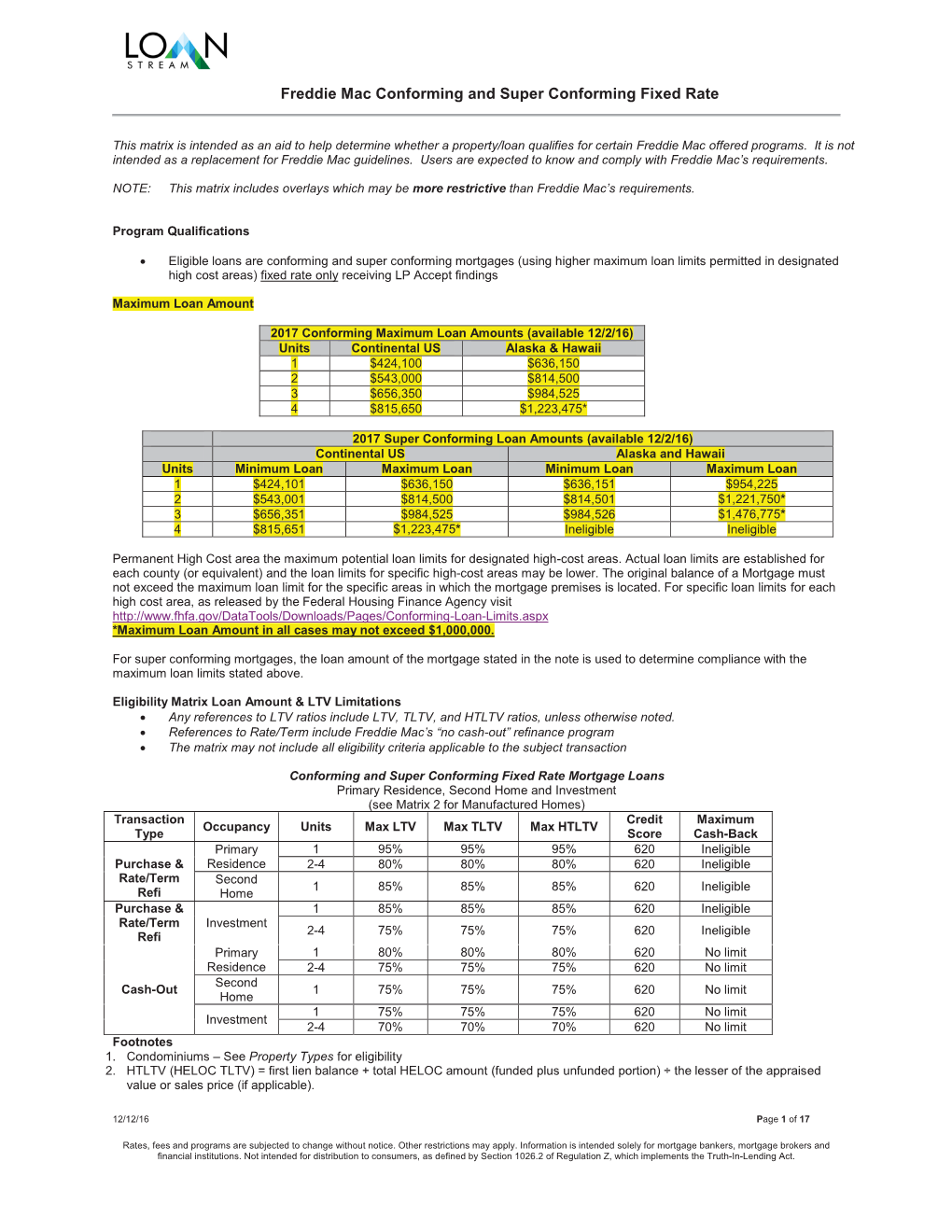 Freddie Mac Conforming and Super Conforming Fixed Rate