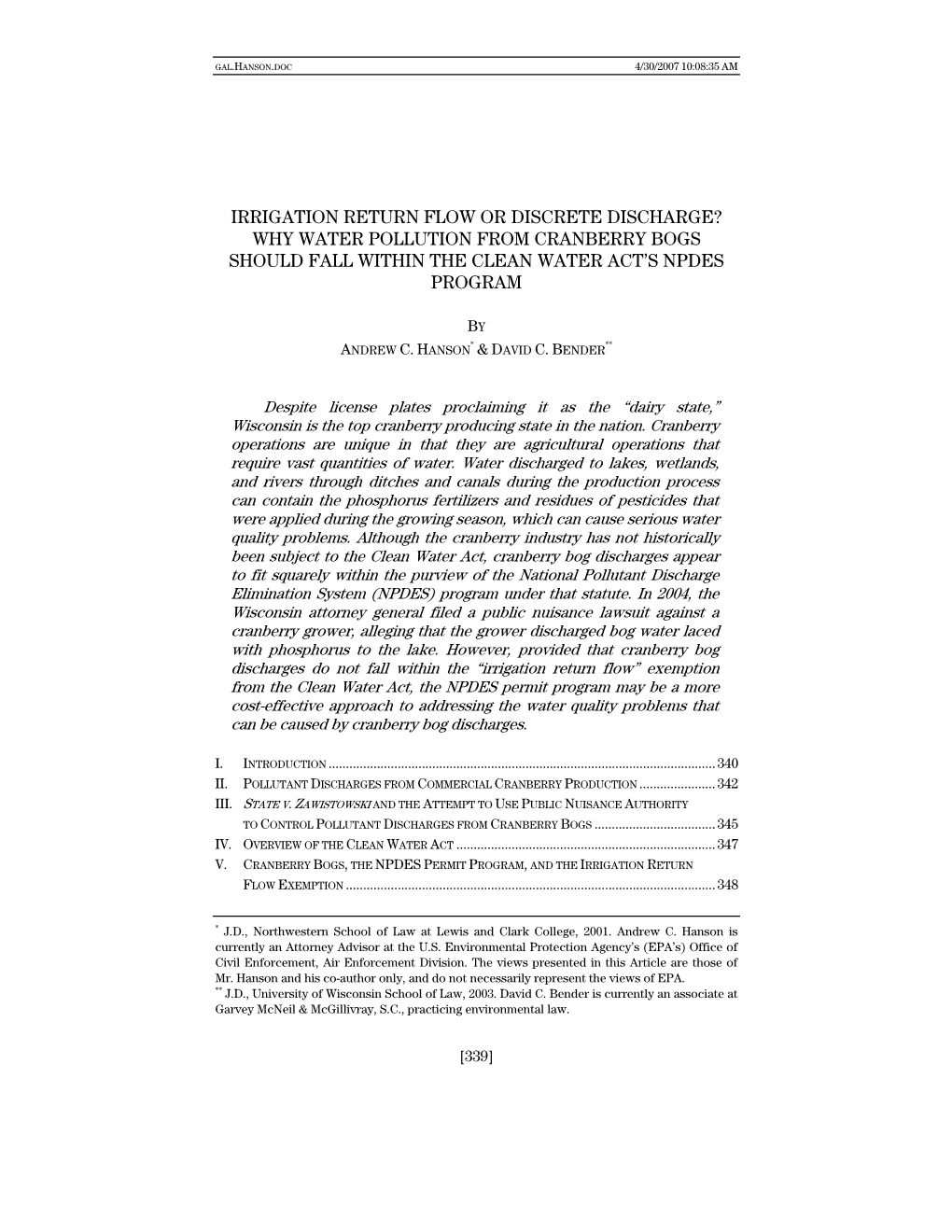 Irrigation Return Flow Or Discrete Discharge? Why Water Pollution from Cranberry Bogs Should Fall Within the Clean Water Act’S Npdes Program