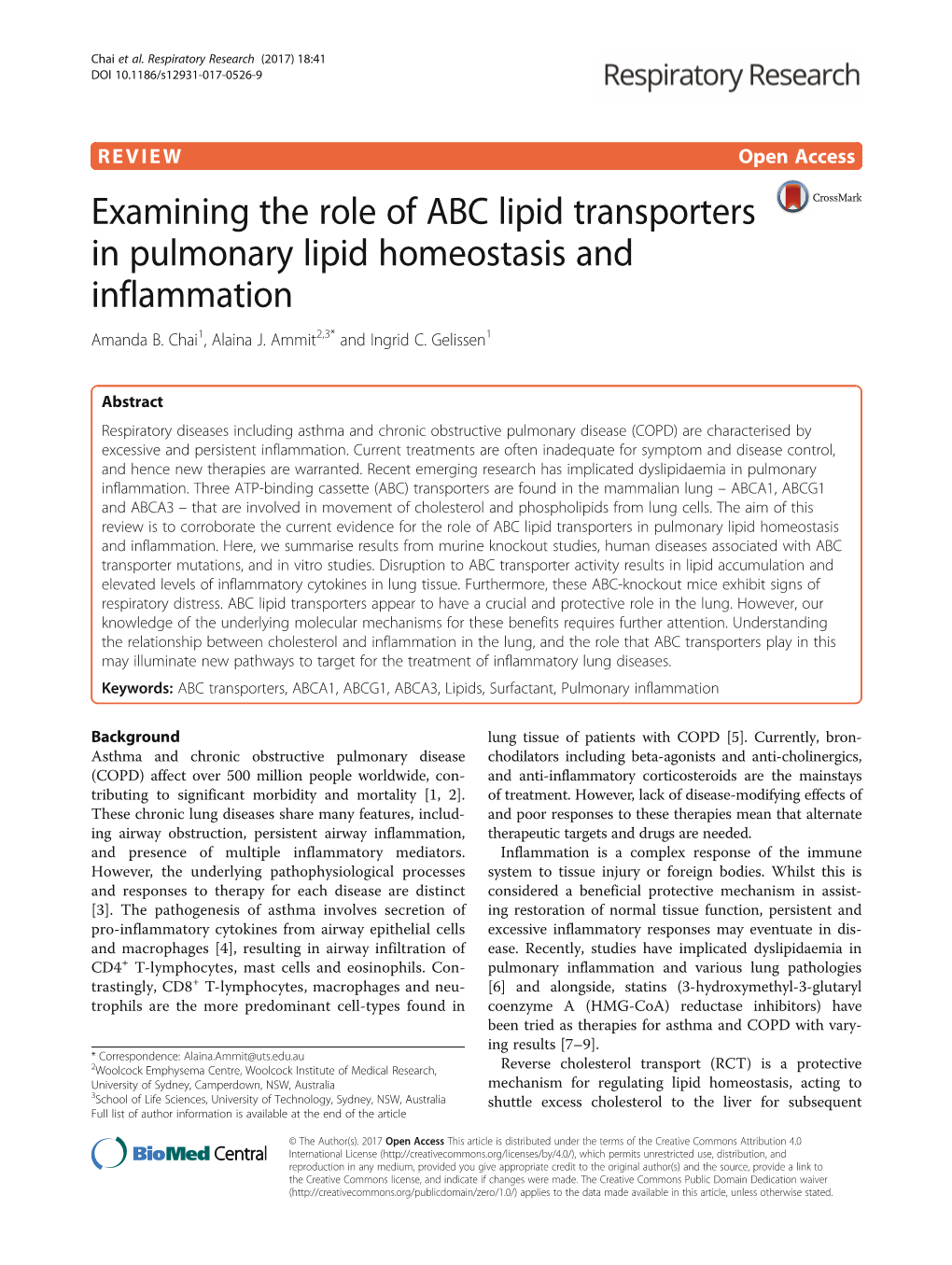 Examining the Role of ABC Lipid Transporters in Pulmonary Lipid Homeostasis and Inflammation Amanda B