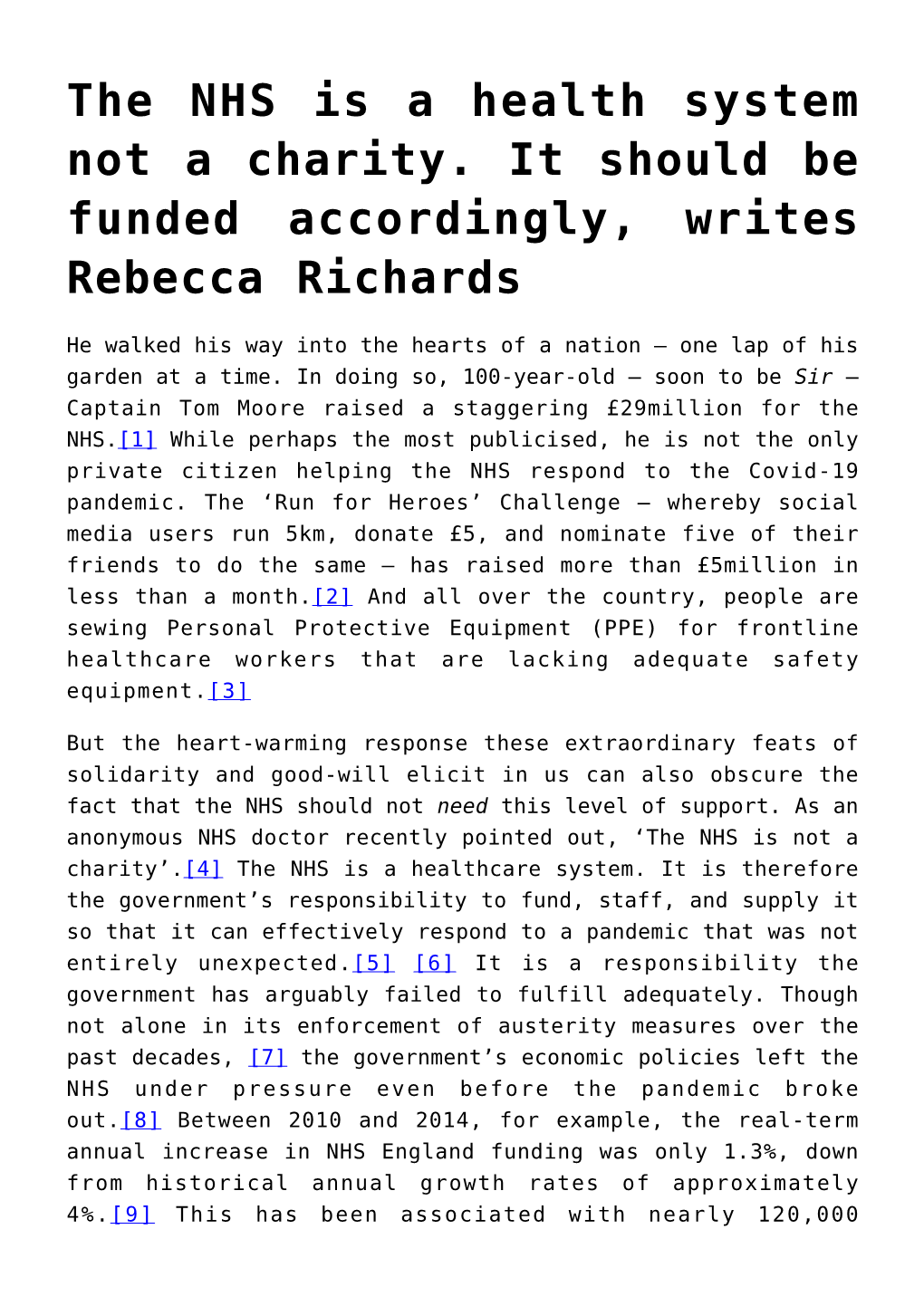 The NHS Is a Health System Not a Charity. It Should Be Funded Accordingly, Writes Rebecca Richards