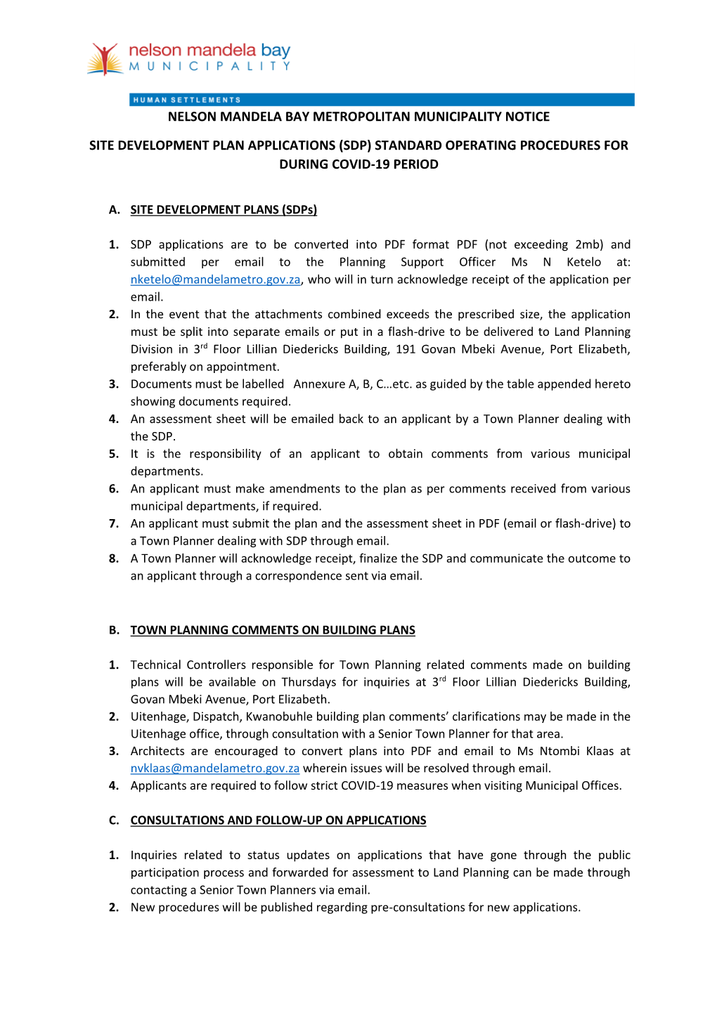 Site Development Plans Standard Operating Procedures for COVID