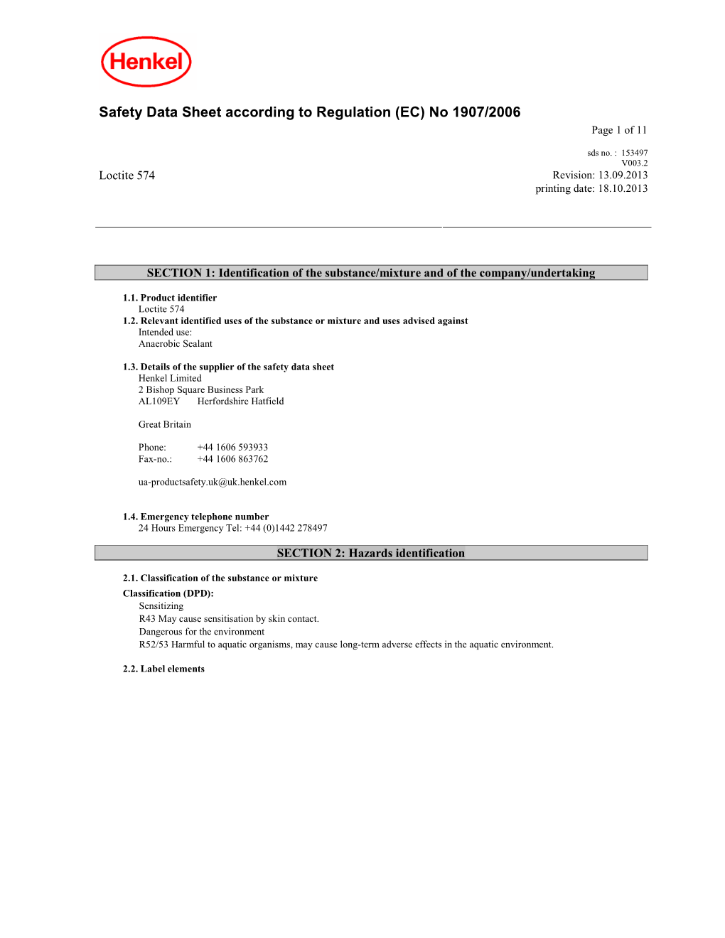 Safety Data Sheet According to Regulation (EC) No 1907/2006 Page 1 of 11