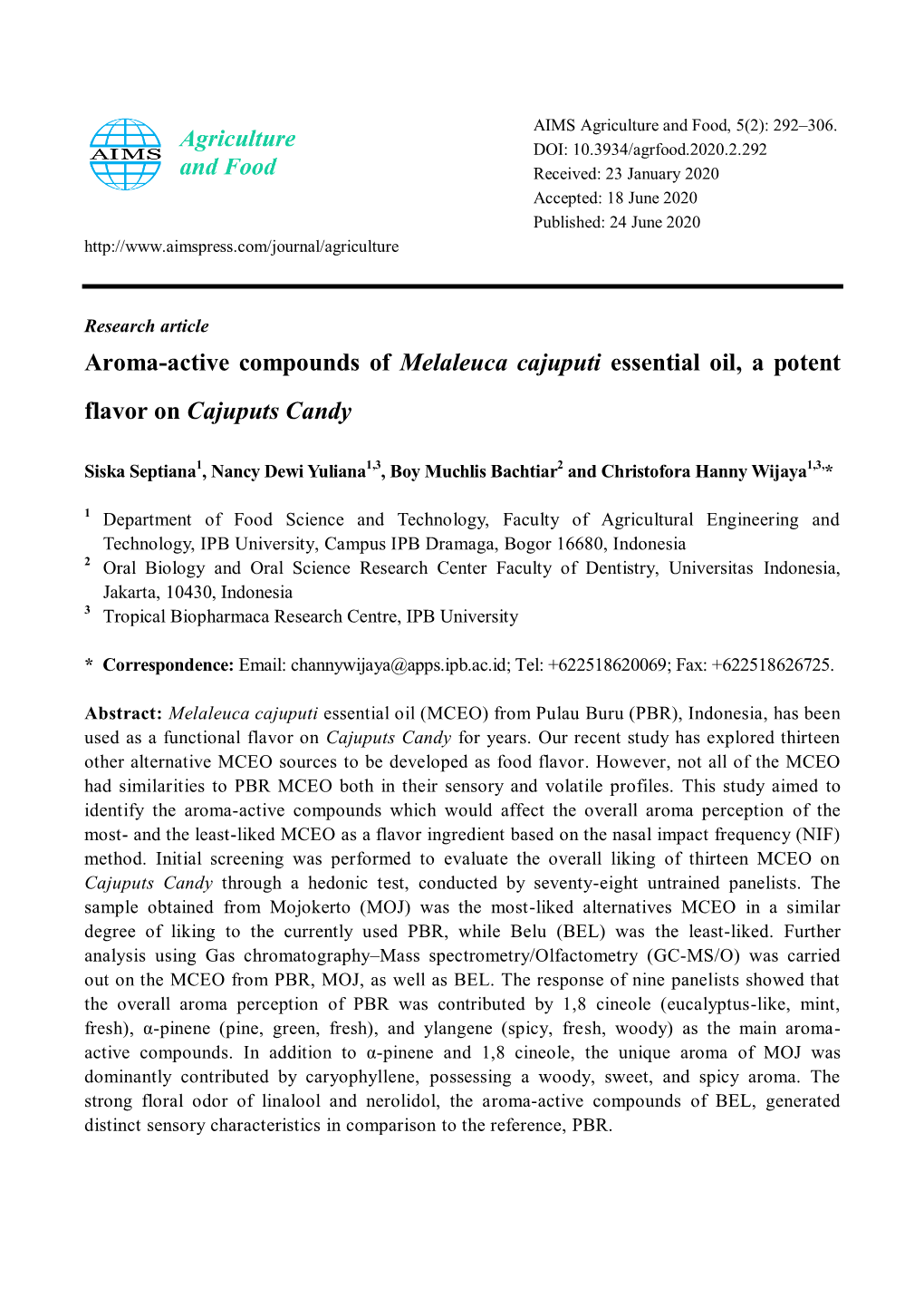 Aroma-Active Compounds of Melaleuca Cajuputi Essential Oil, a Potent Flavor on Cajuputs Candy