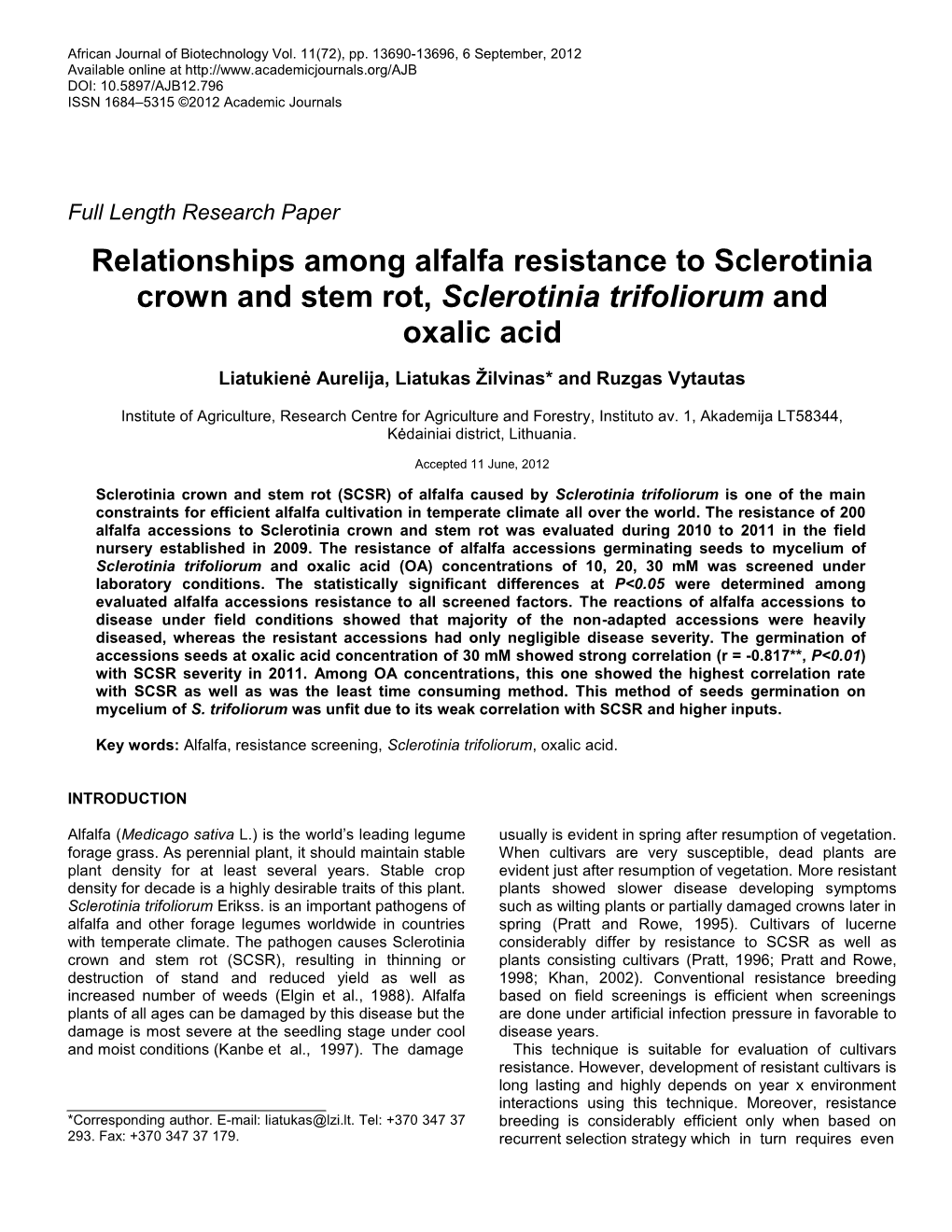 Relationships Among Alfalfa Resistance to Sclerotinia Crown and Stem Rot, Sclerotinia Trifoliorum and Oxalic Acid