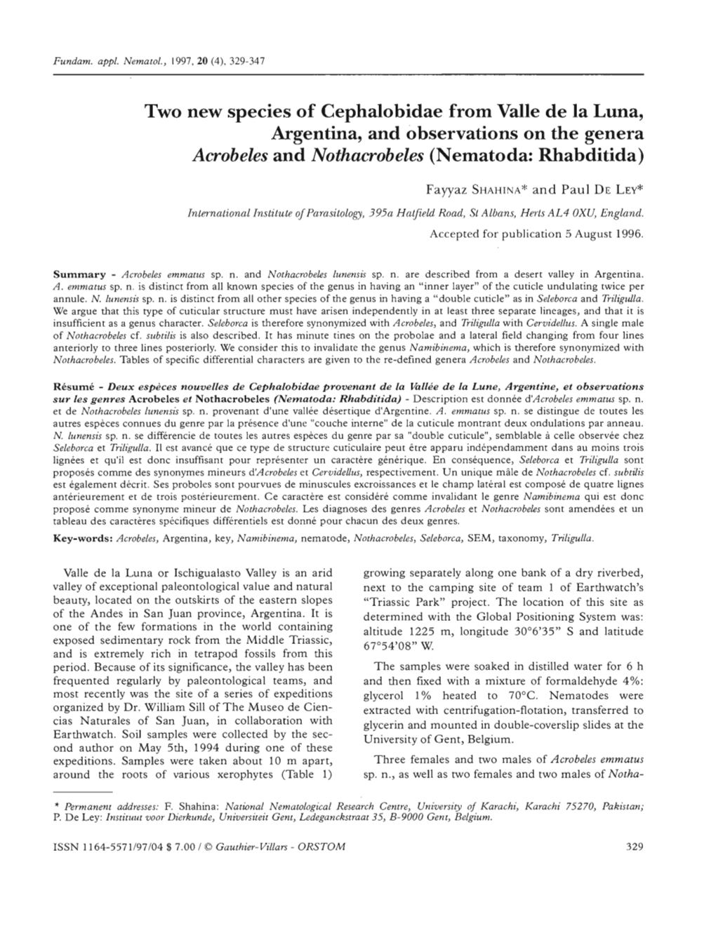 Two New Species of Cephalobidae from Valle De La Luna, Argentina, and Observations on the Genera Acrobeles and Nothacrobeles (Nematoda: Rhabditida)