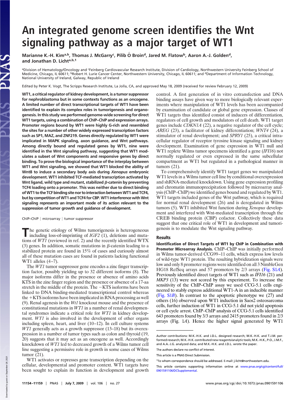 An Integrated Genome Screen Identifies the Wnt Signaling Pathway As a Major Target of WT1