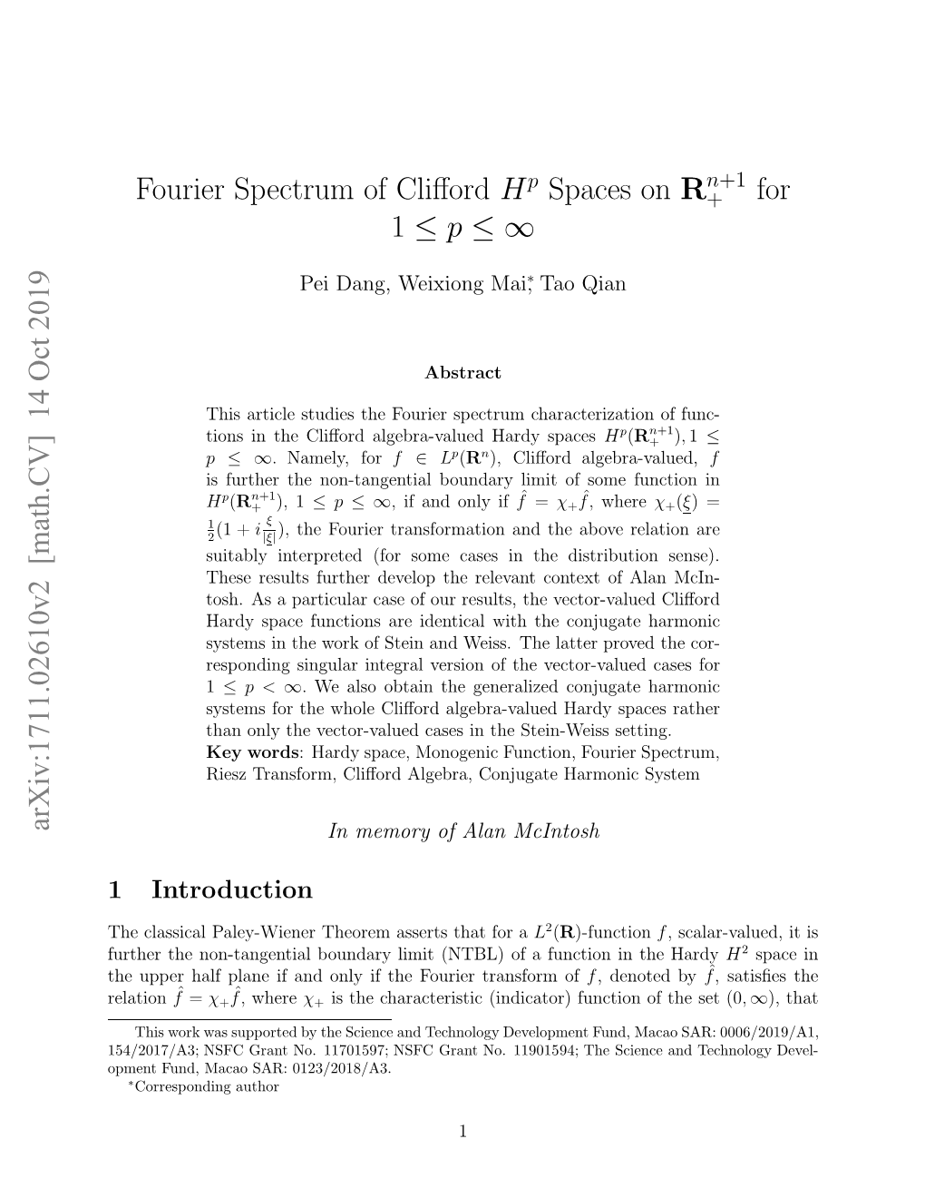 Fourier Spectrum Characterizations of Clifford $ H^{P} $ Spaces on $\Mathbf {R}^{N+ 1} + $ for $1\Leq P\Leq\Infty$