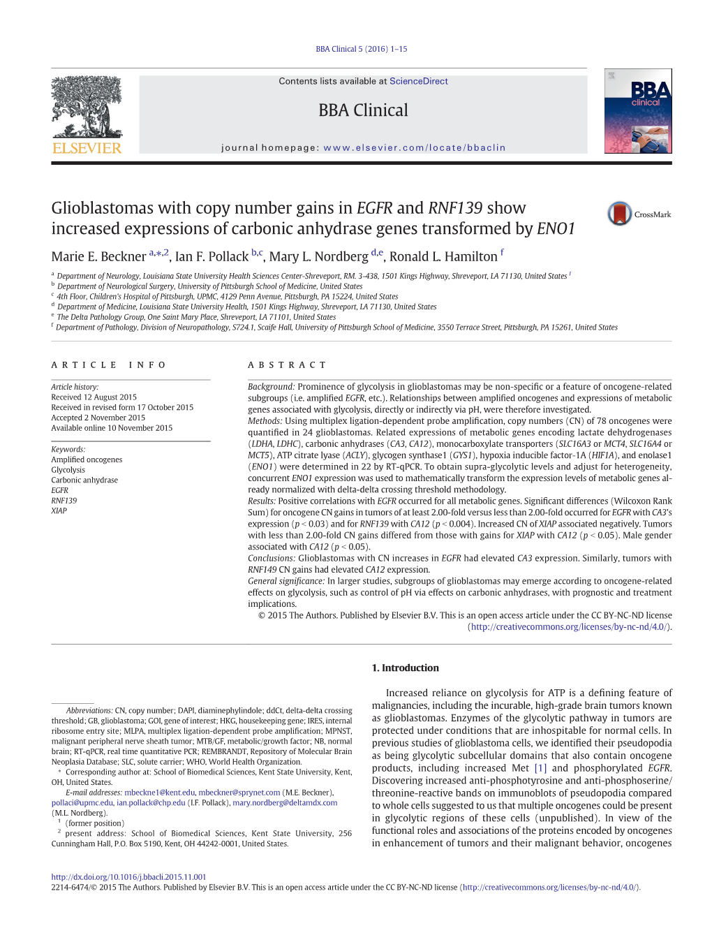 Glioblastomas with Copy Number Gains in EGFR and RNF139 Show Increased Expressions of Carbonic Anhydrase Genes Transformed by ENO1