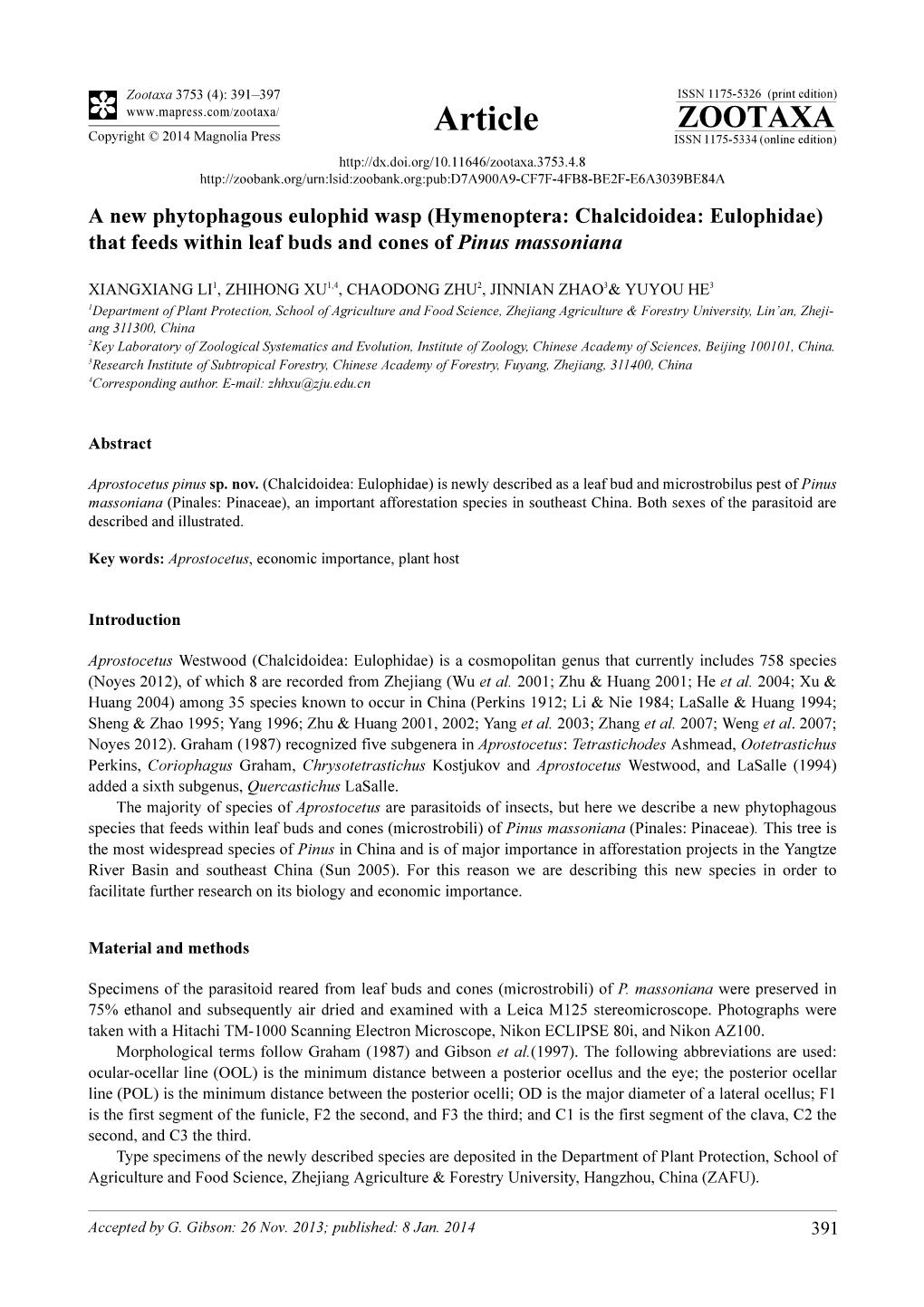 Hymenoptera: Chalcidoidea: Eulophidae) That Feeds Within Leaf Buds and Cones of Pinus Massoniana