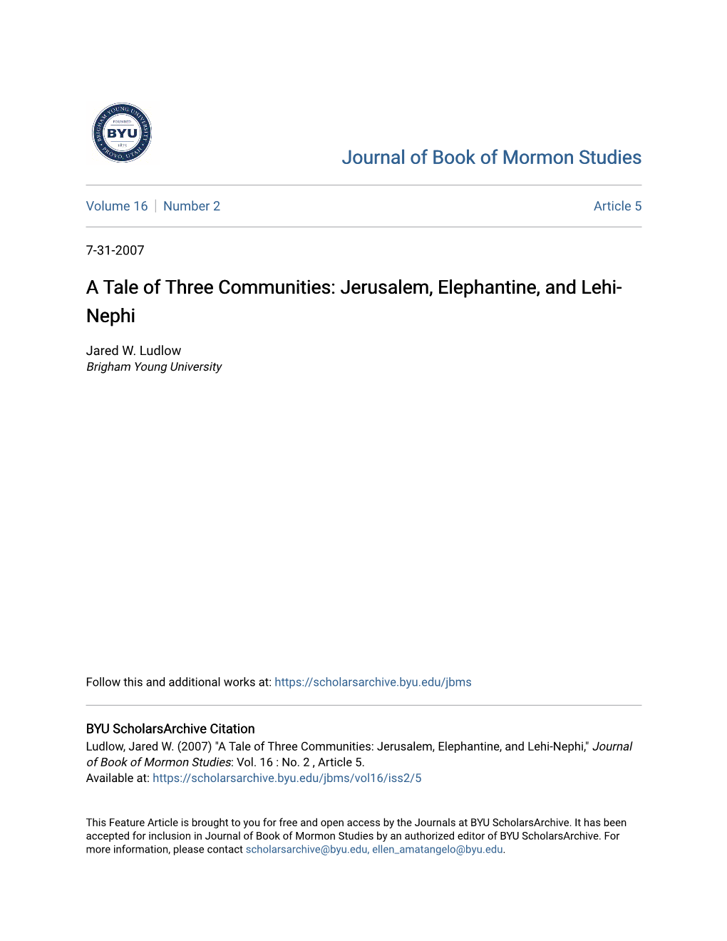 Jerusalem, Elephantine, and Lehi-Nephi,