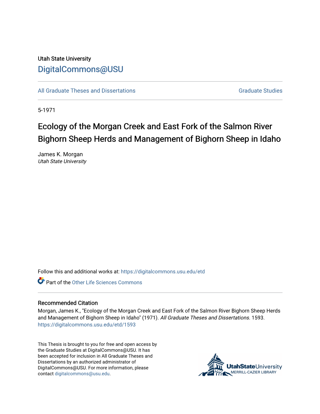 Ecology of the Morgan Creek and East Fork of the Salmon River Bighorn Sheep Herds and Management of Bighorn Sheep in Idaho