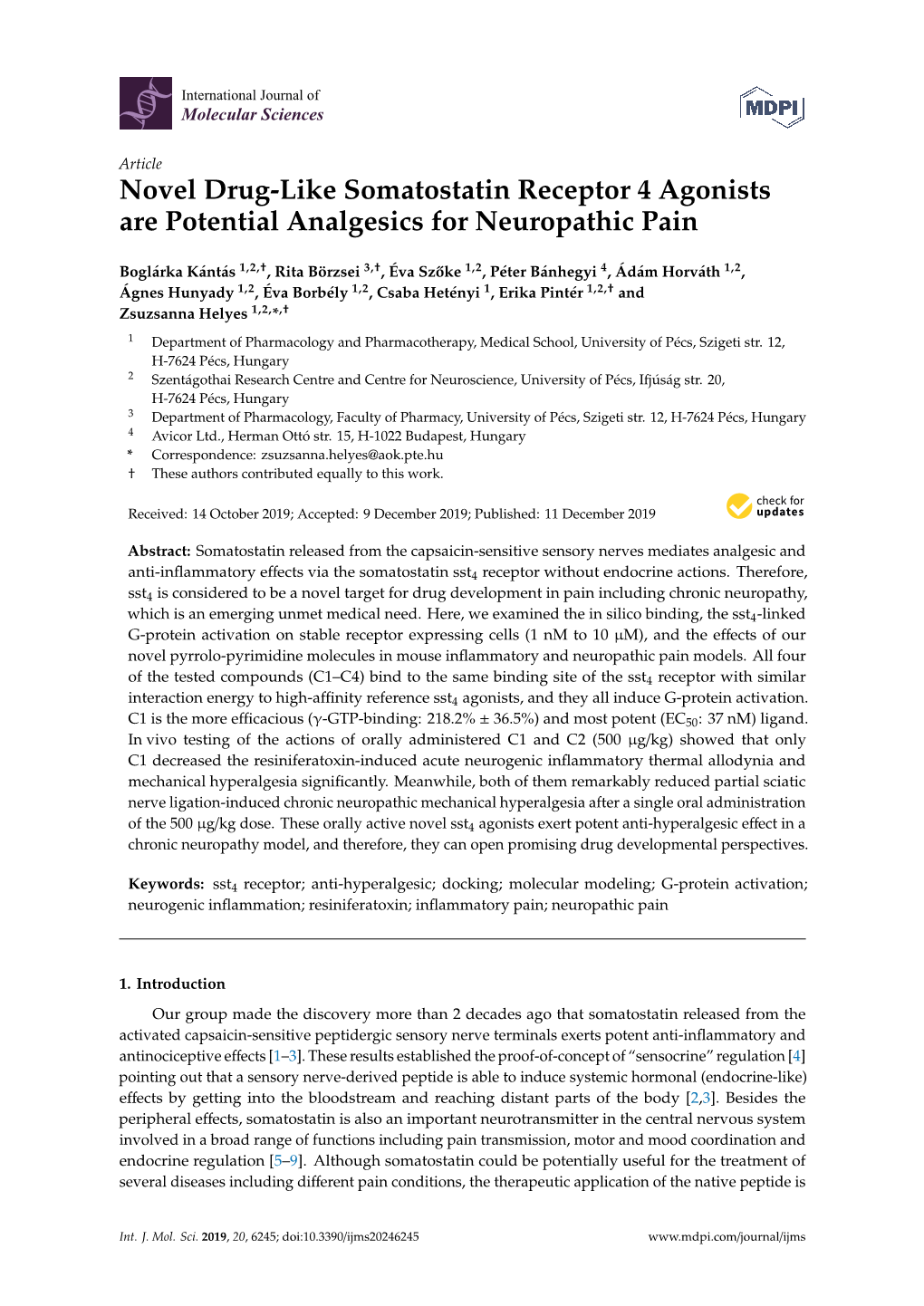 Novel Drug-Like Somatostatin Receptor 4 Agonists Are Potential Analgesics for Neuropathic Pain