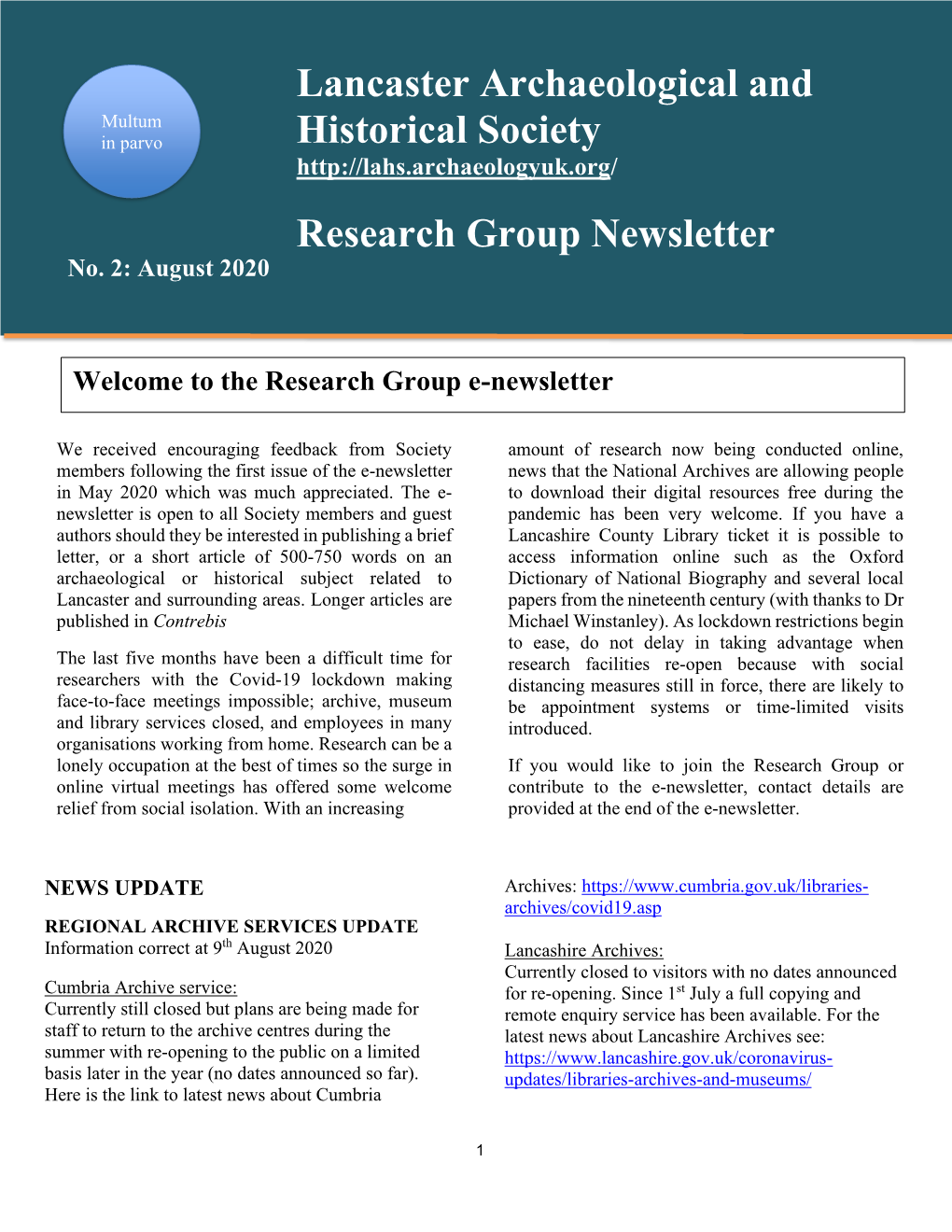 Lancaster Archaeological and Historical Society Research Group Newsletter