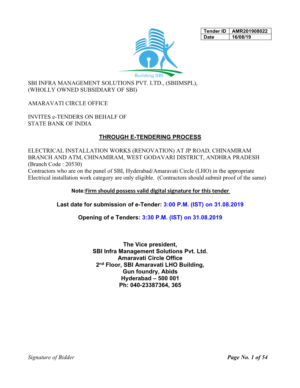 Signature of Bidder Page No. 1 of 54 SBI INFRA