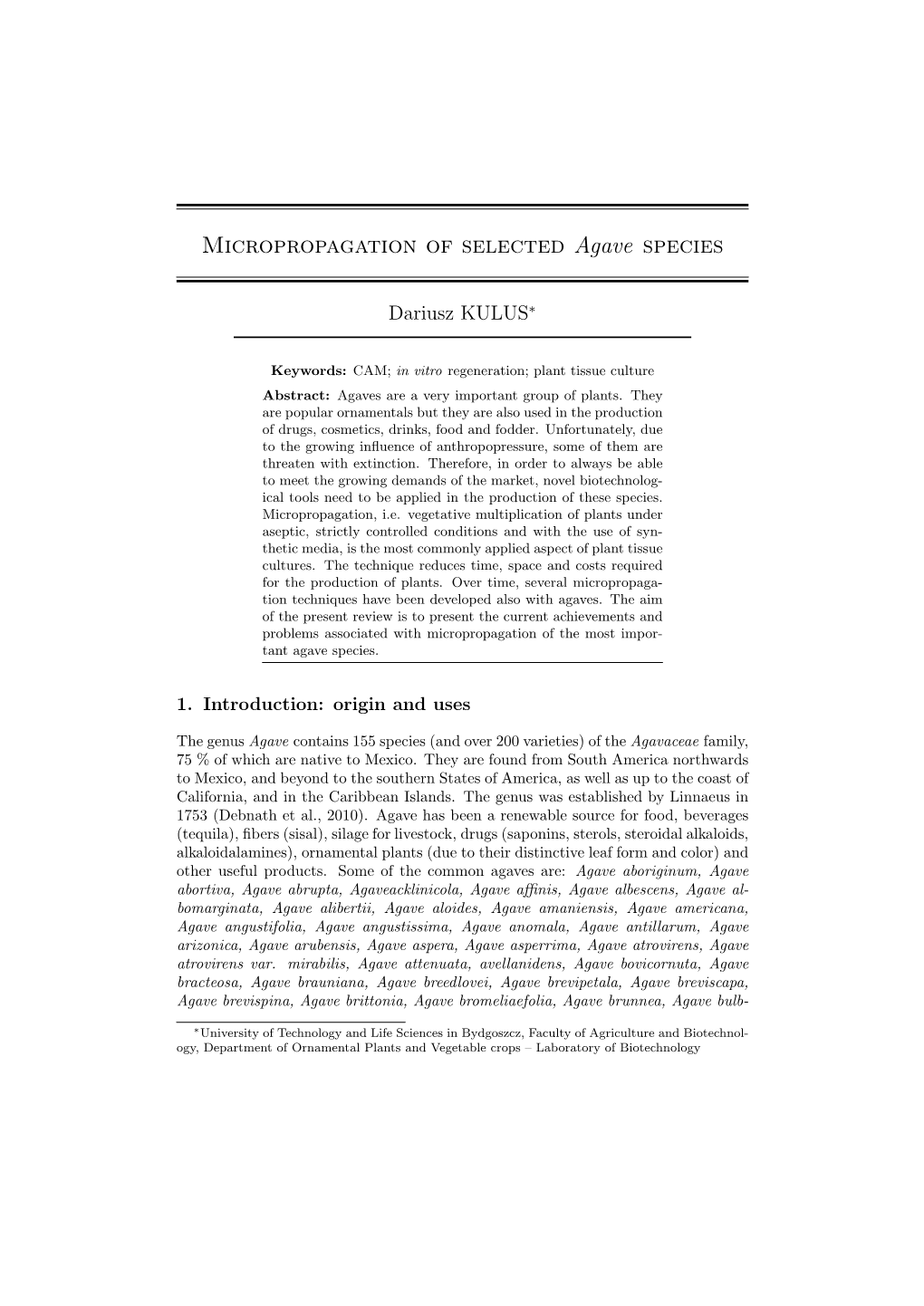 Micropropagation of Selected Agave Species