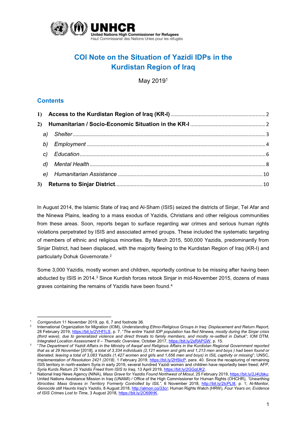 COI Note on the Situation of Yazidi Idps in the Kurdistan Region of Iraq