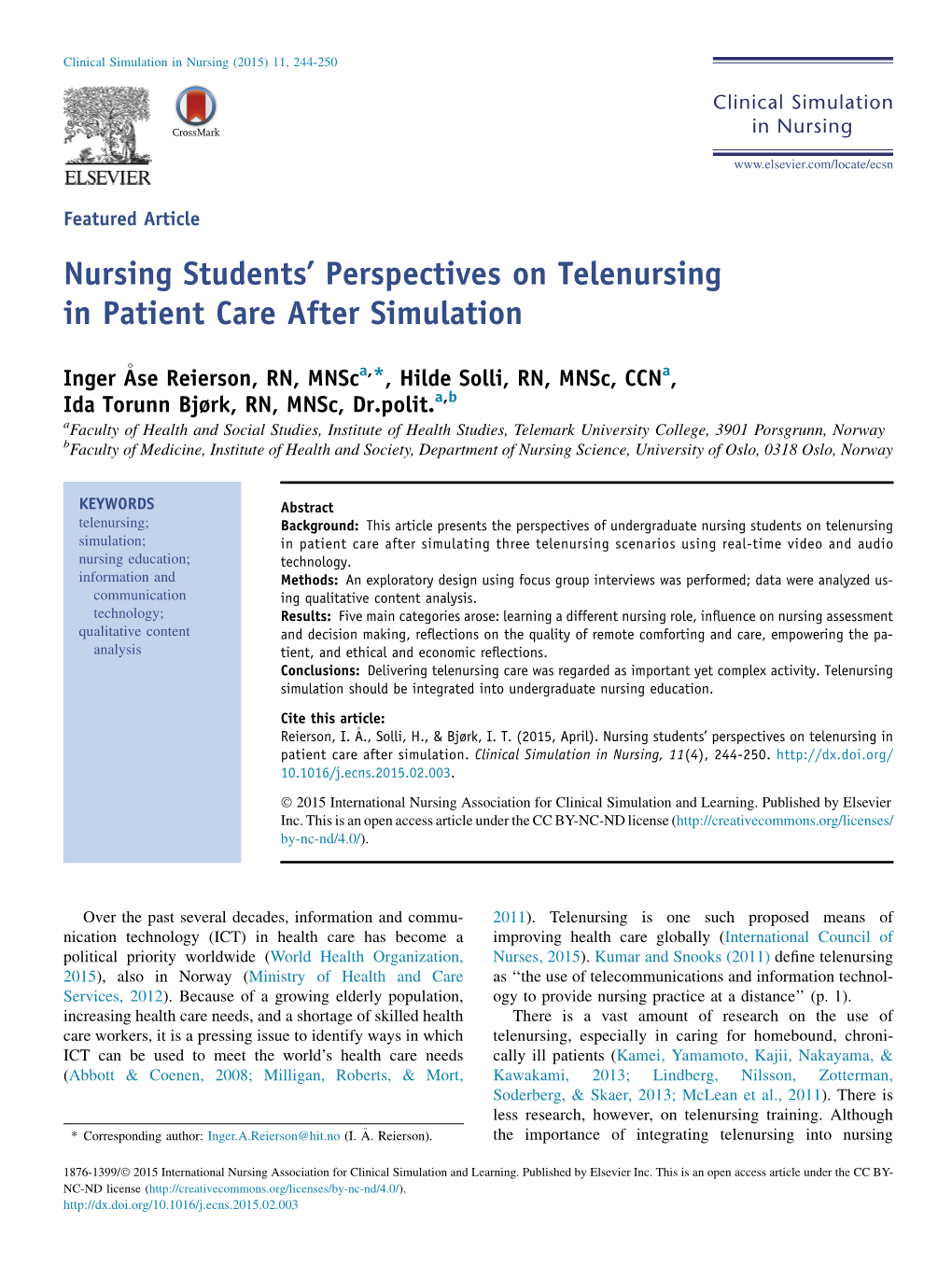 Nursing Students' Perspectives on Telenursing in Patient Care After