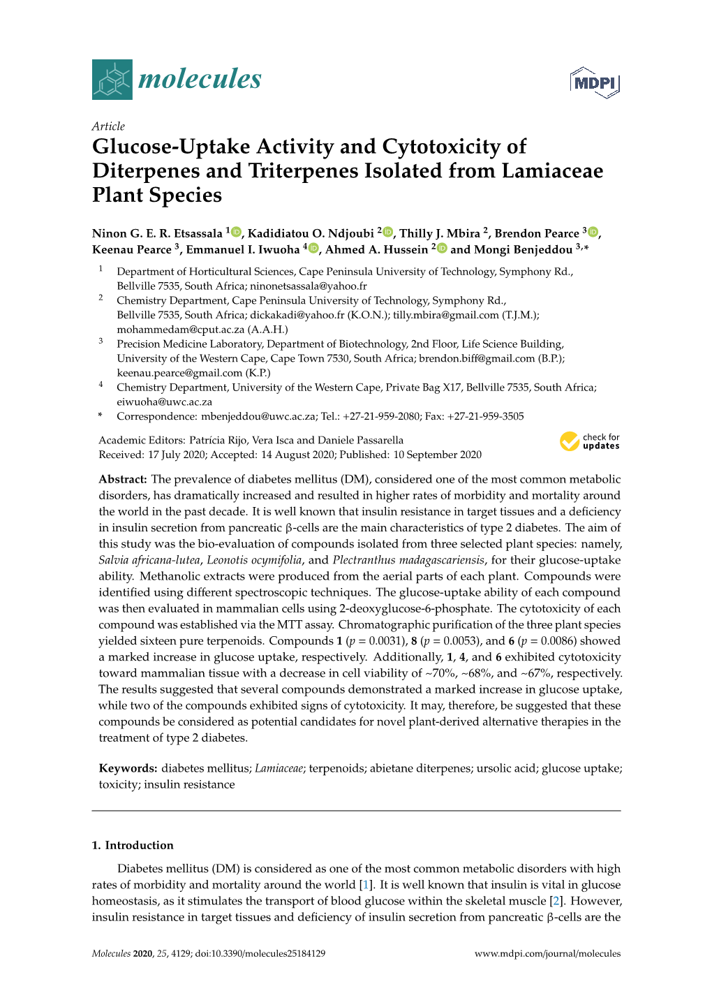 Glucose-Uptake Activity and Cytotoxicity of Diterpenes and Triterpenes Isolated from Lamiaceae Plant Species