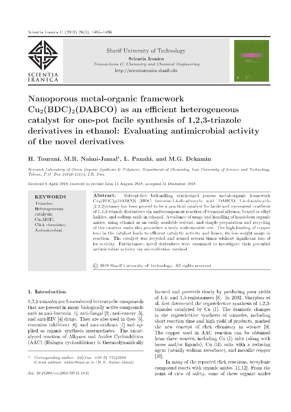 Nanoporous Metal-Organic Framework Cu2(BDC)2(DABCO) As an E Cient Heterogeneous Catalyst for One-Pot Facile Synthesis of 1,2,3-T