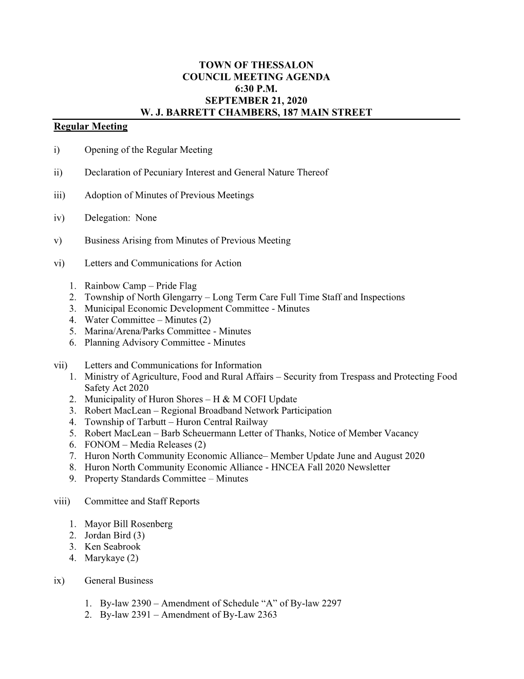 Town of Thessalon Council Meeting Agenda 6:30 P.M. September 21, 2020 W