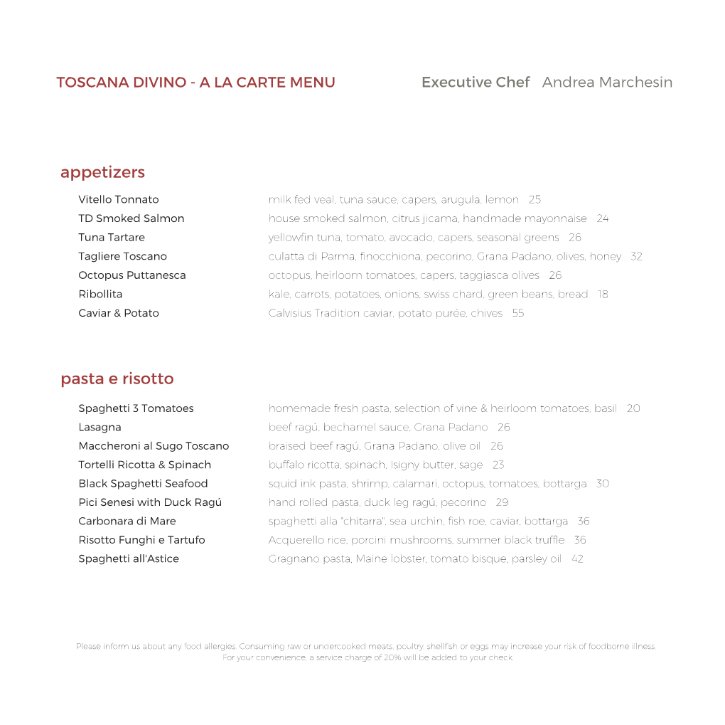 New Toscana Lunch Menu