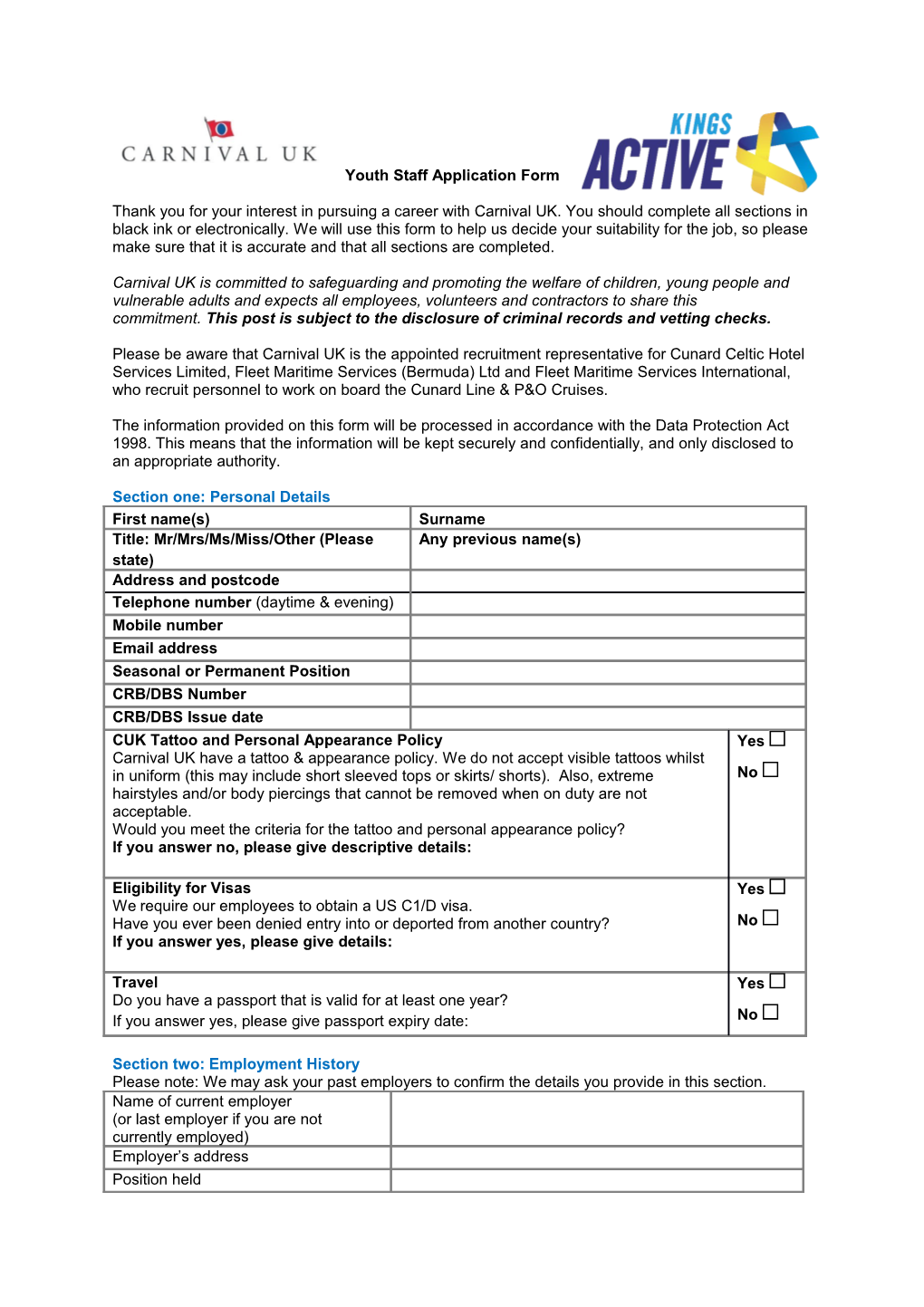 Youth Staff Application Form