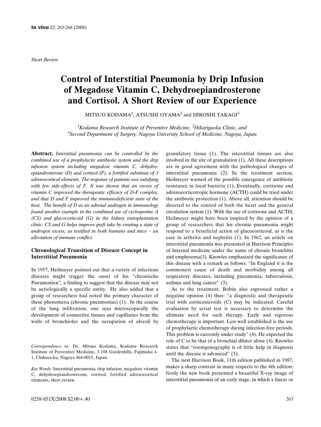 Control of Interstitial Pneumonia by Drip Infusion of Megadose Vitamin C, Dehydroepiandrosterone and Cortisol