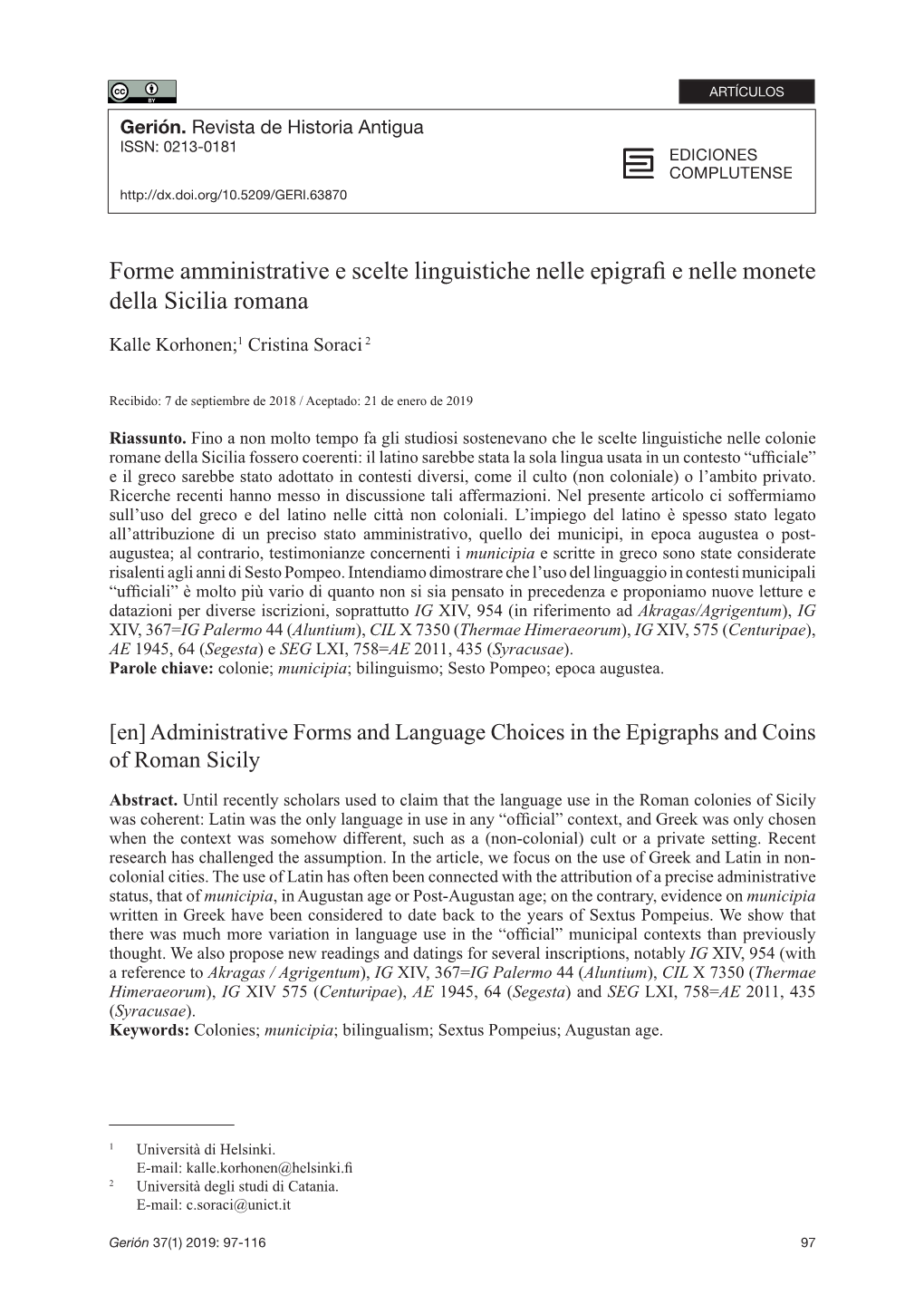 Forme Amministrative E Scelte Linguistiche Nelle Epigrafi E Nelle Monete Della Sicilia Romana