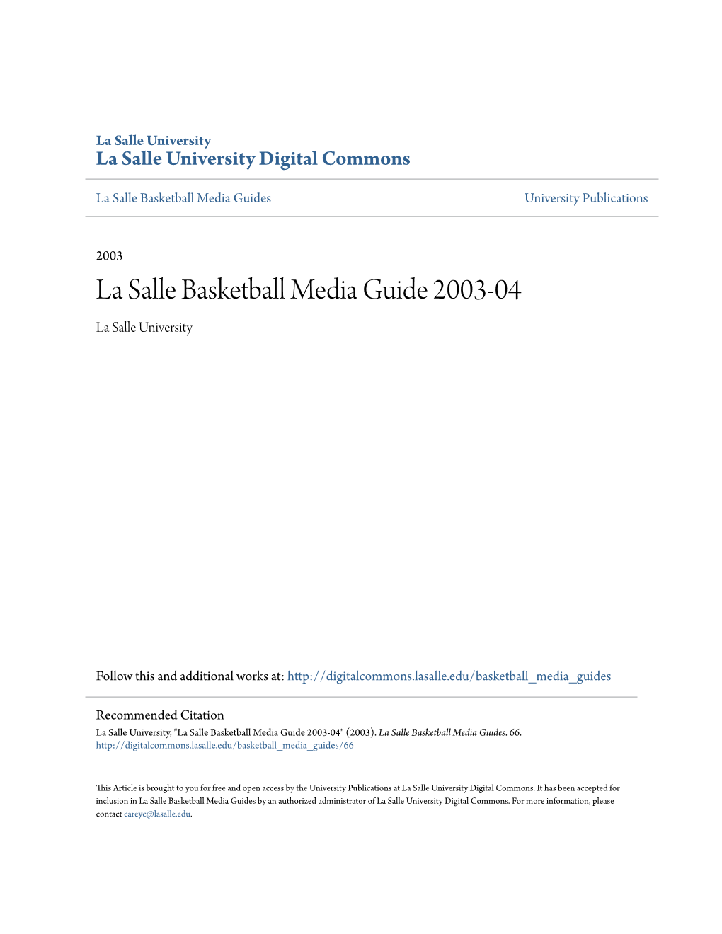 La Salle Basketball Media Guide 2003-04 La Salle University