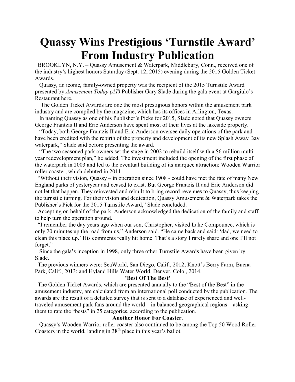 Quassy Wins Prestigious 'Turnstile Award' from Industry Publication