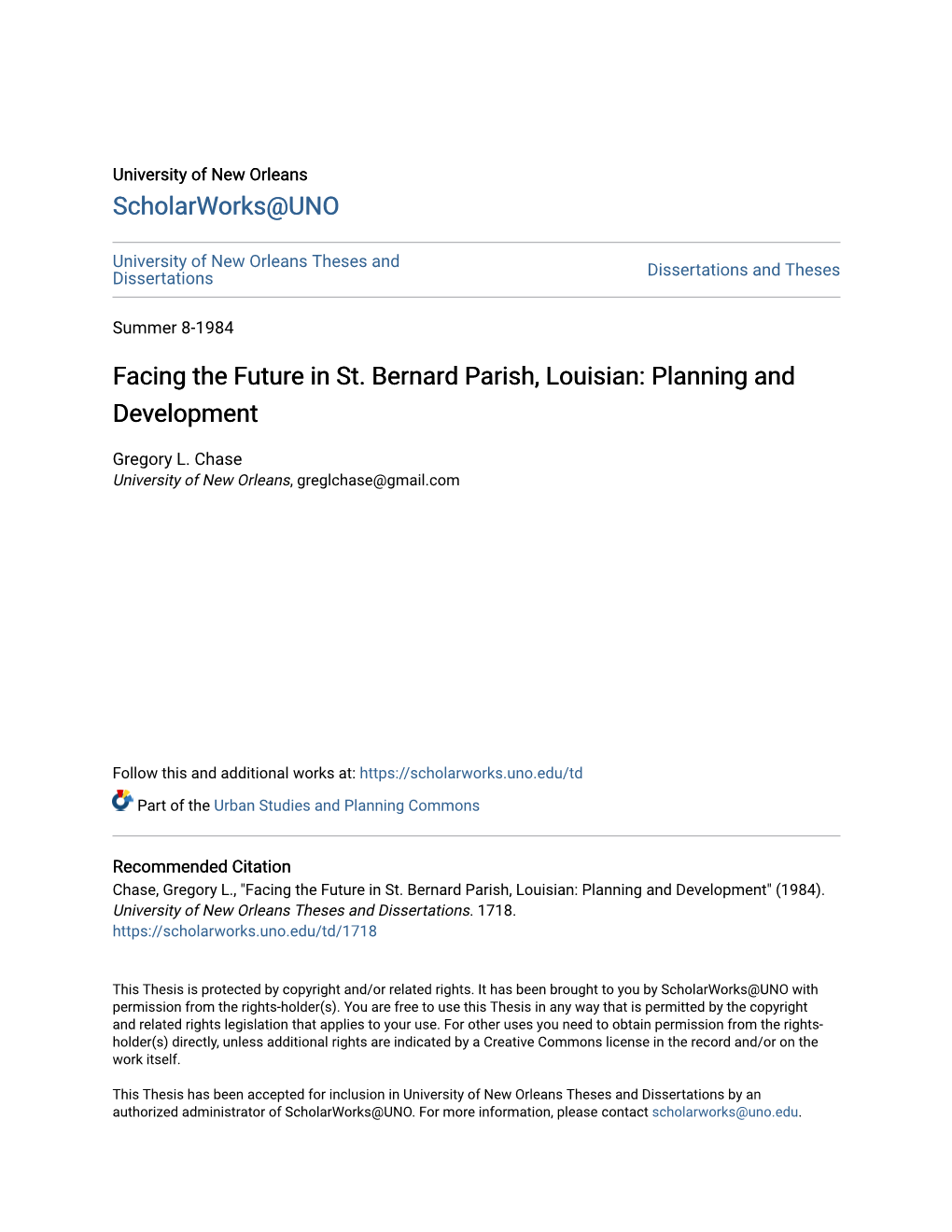 Facing the Future in St. Bernard Parish, Louisian: Planning and Development