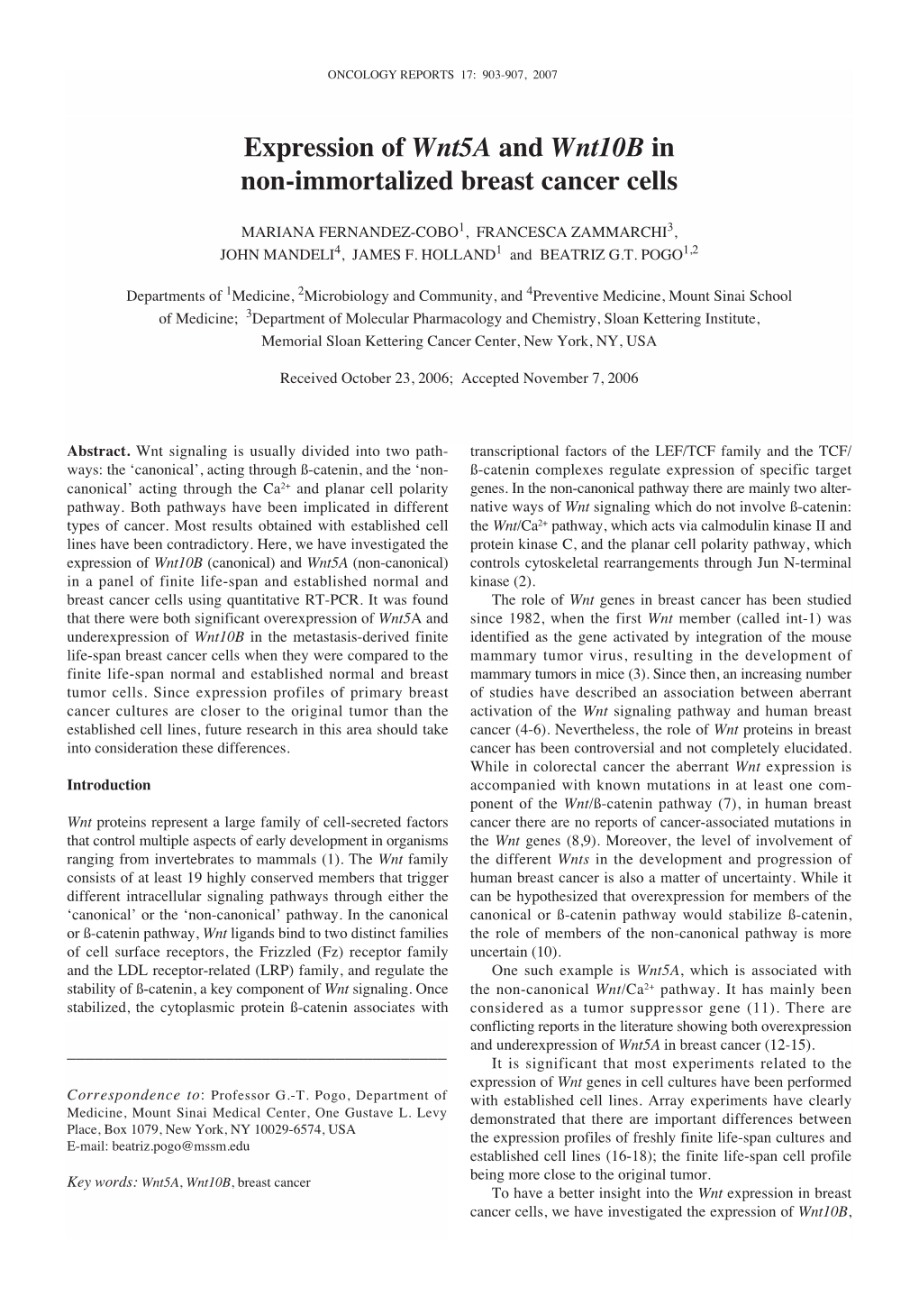 Expression of Wnt5a and Wnt10b in Non-Immortalized Breast Cancer Cells