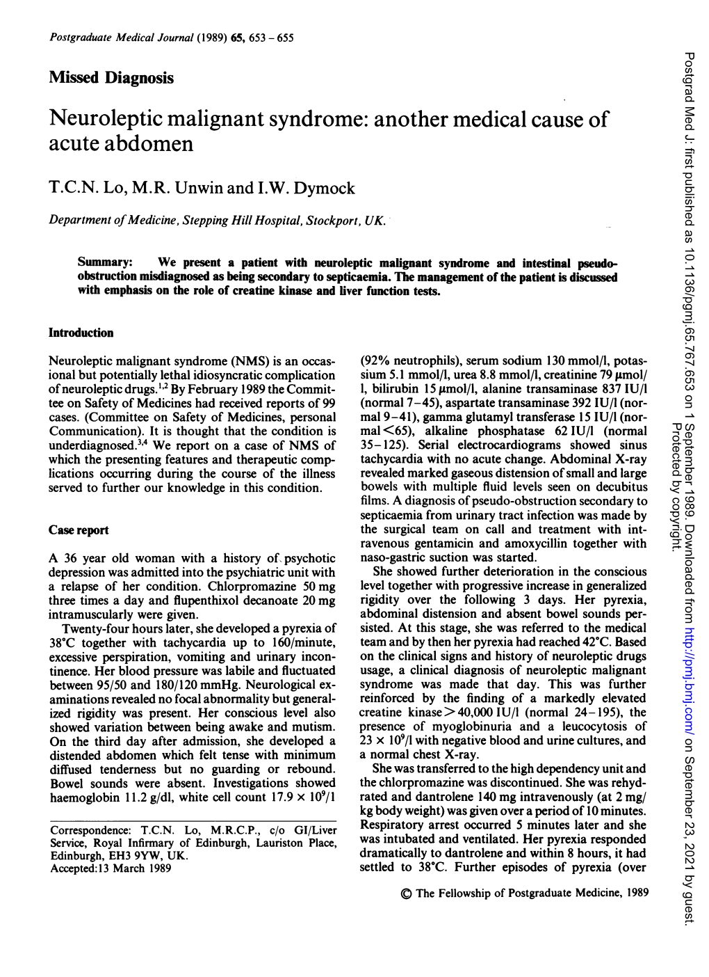 Neuroleptic Malignant Syndrome: Another Medical Cause of Acute Abdomen T.C.N