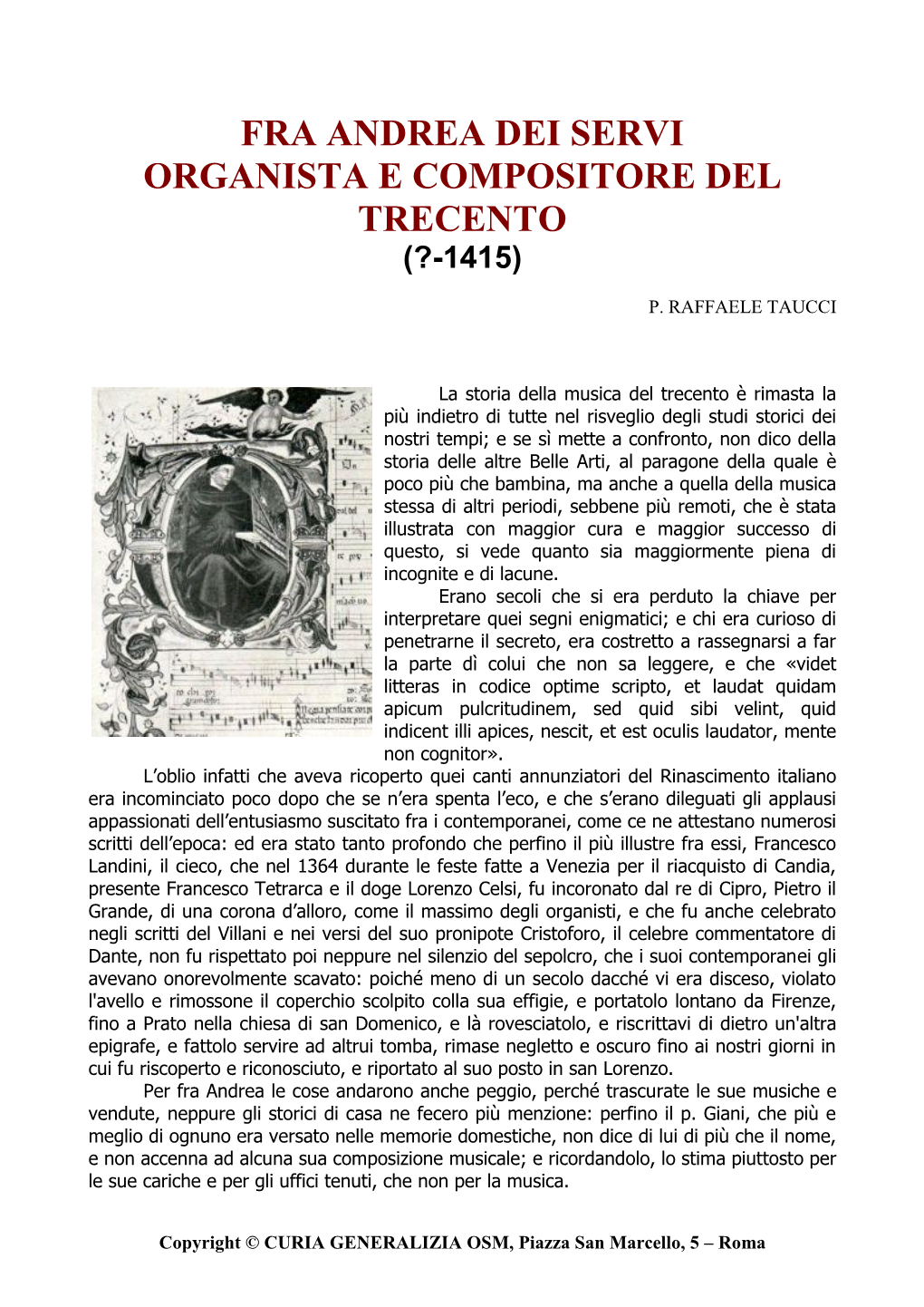 Fra Andrea Dei Servi Organista E Compositore Del Trecento (?-1415)