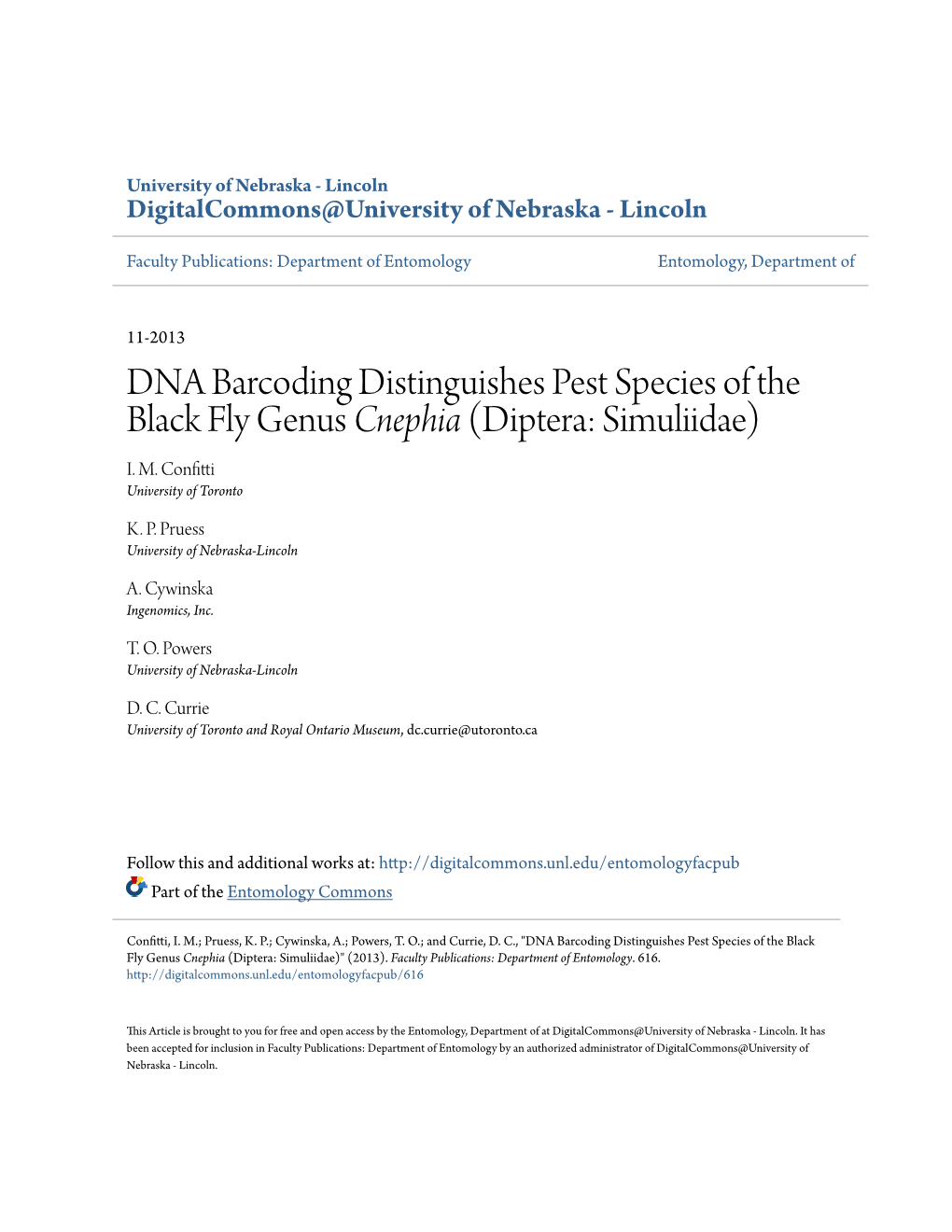 DNA Barcoding Distinguishes Pest Species of the Black Fly Genus <I