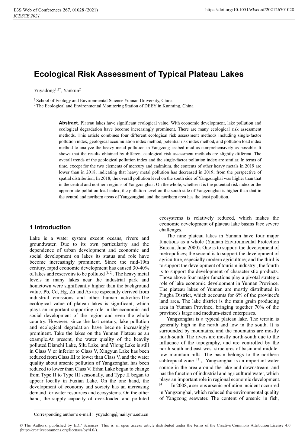 Ecological Risk Assessment of Typical Plateau Lakes