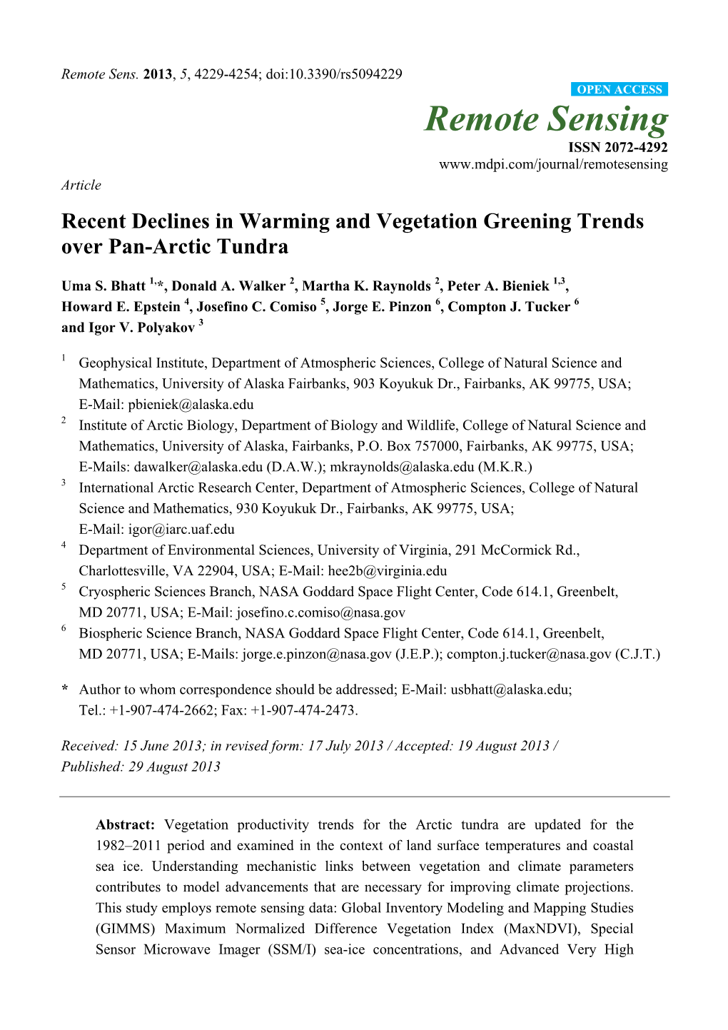 Recent Declines in Warming and Vegetation Greening Trends Over Pan-Arctic Tundra