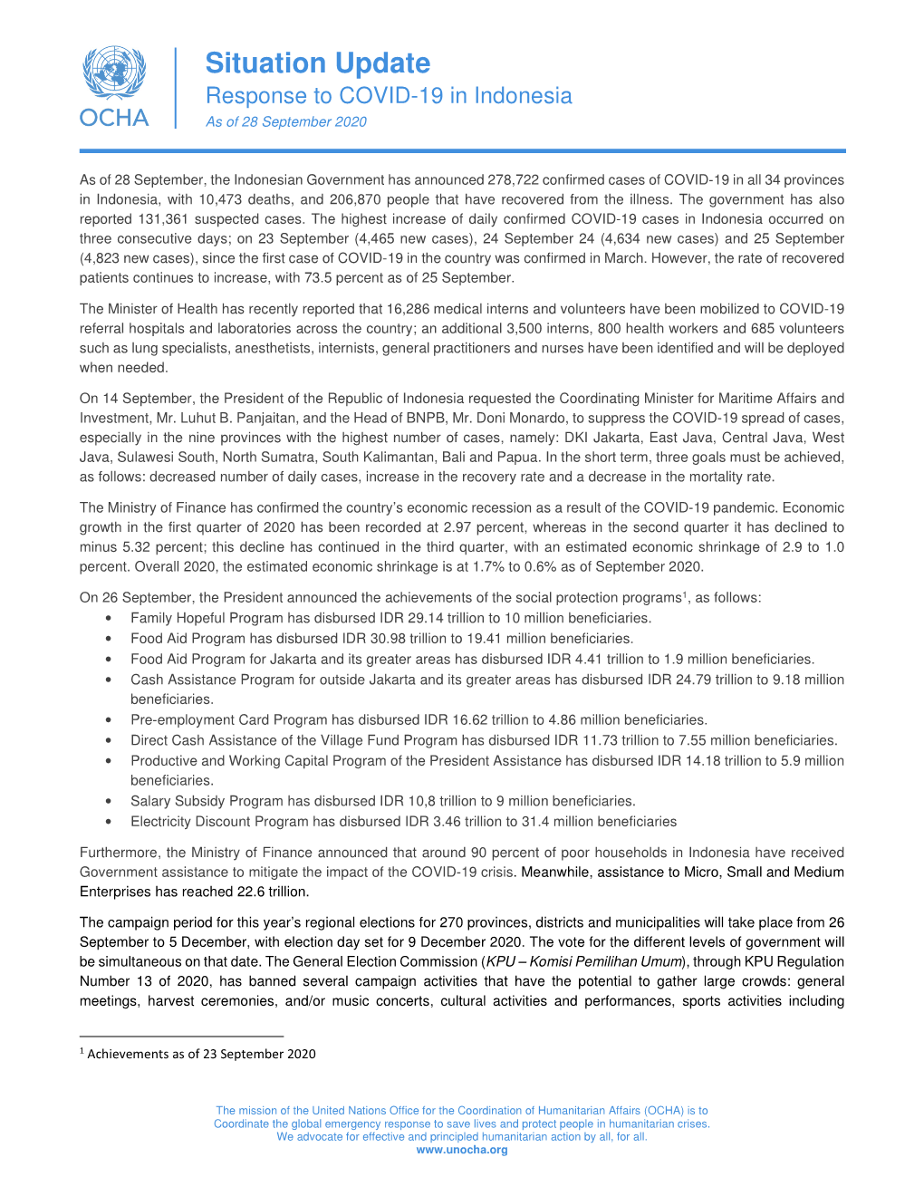 Situation Update Response to COVID-19 in Indonesia As of 28 September 2020