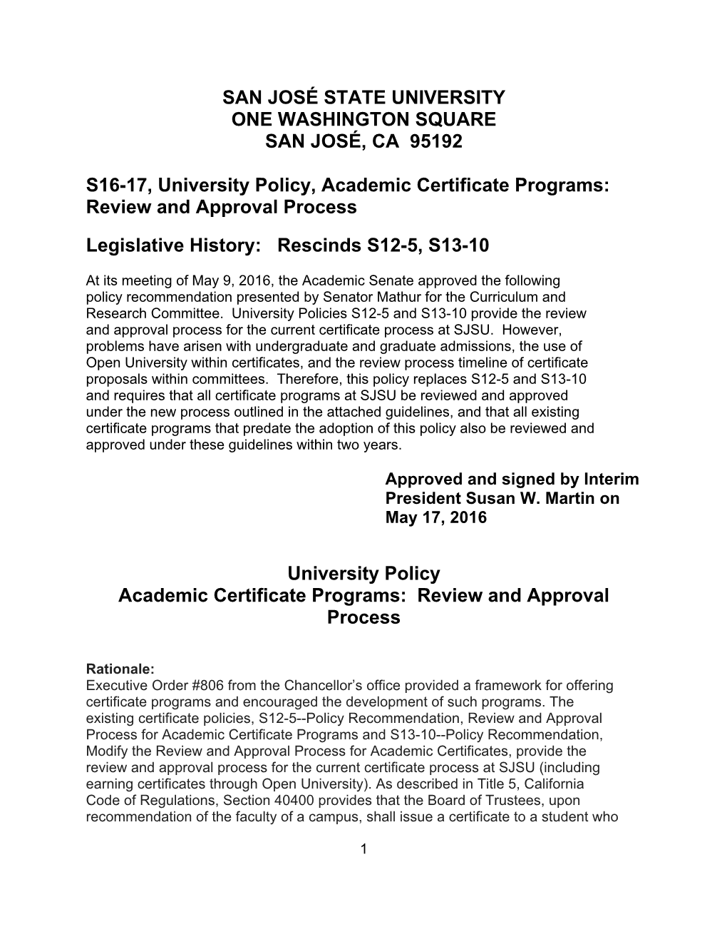 S16-17, University Policy, Academic Certificate Programs: Review and Approval Process
