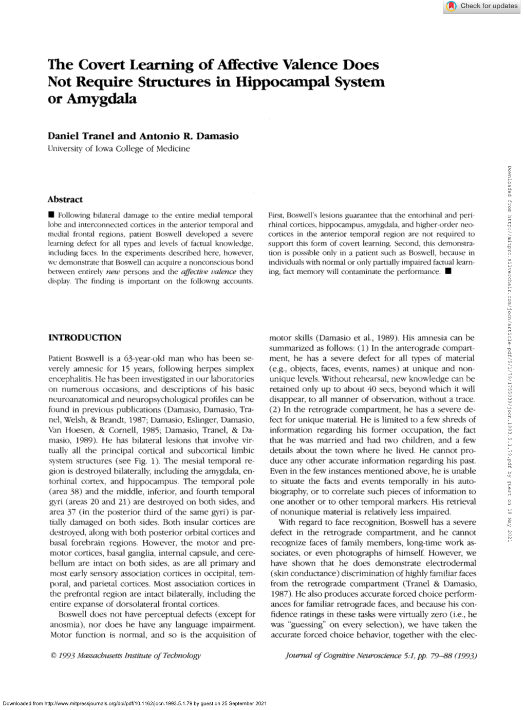 The Covert Learning of Affective Valence Does Not Require Structures in Hippocampal System Or Amygdala