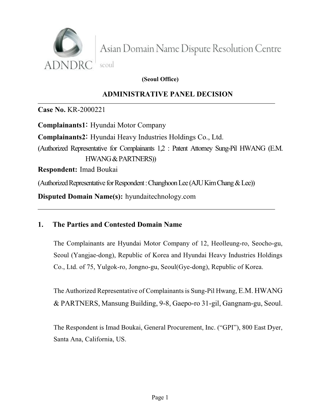 ADMINISTRATIVE PANEL DECISION Case No. KR-2000221